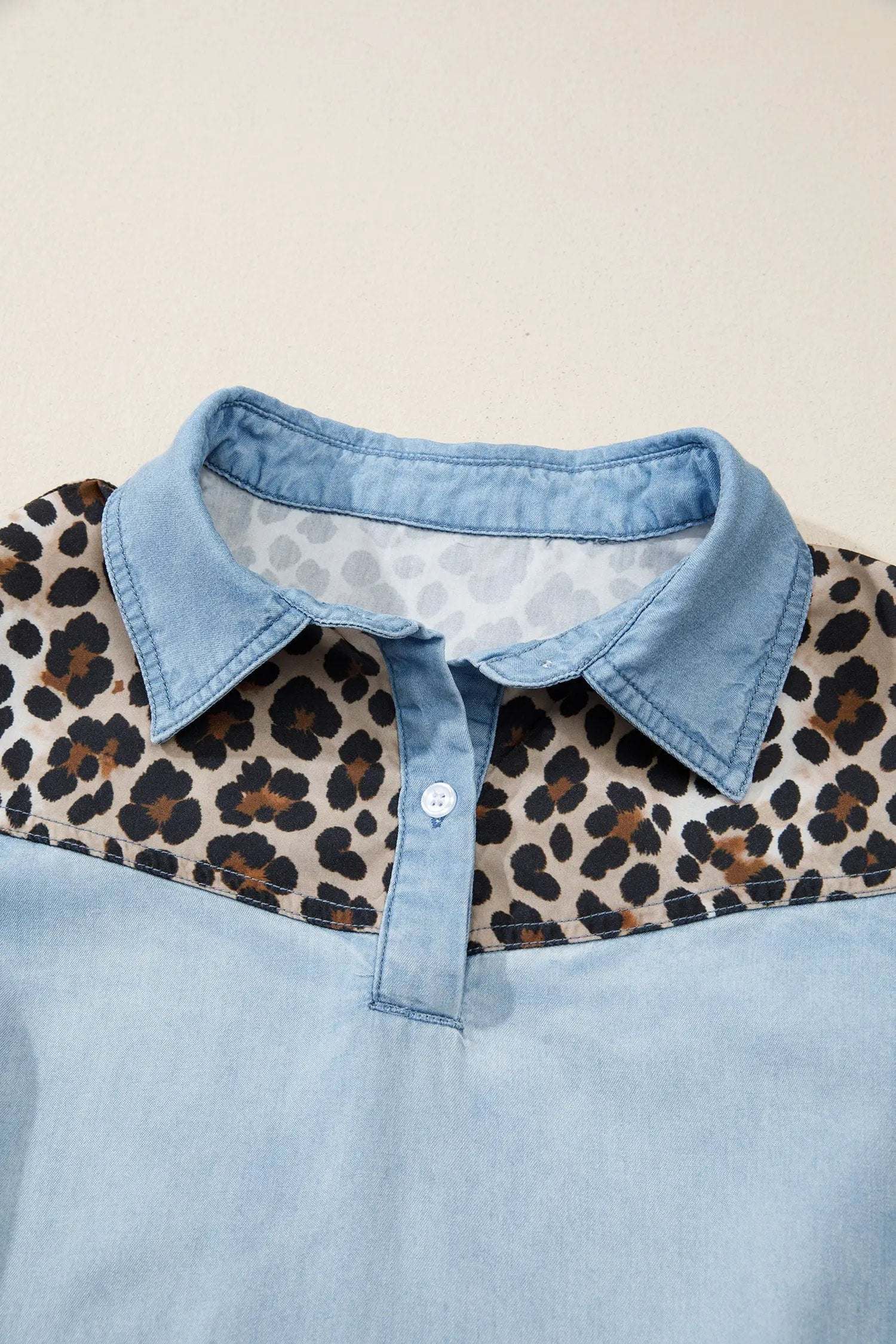 Leopard Print Mini Dress with denim color block and shirt collar