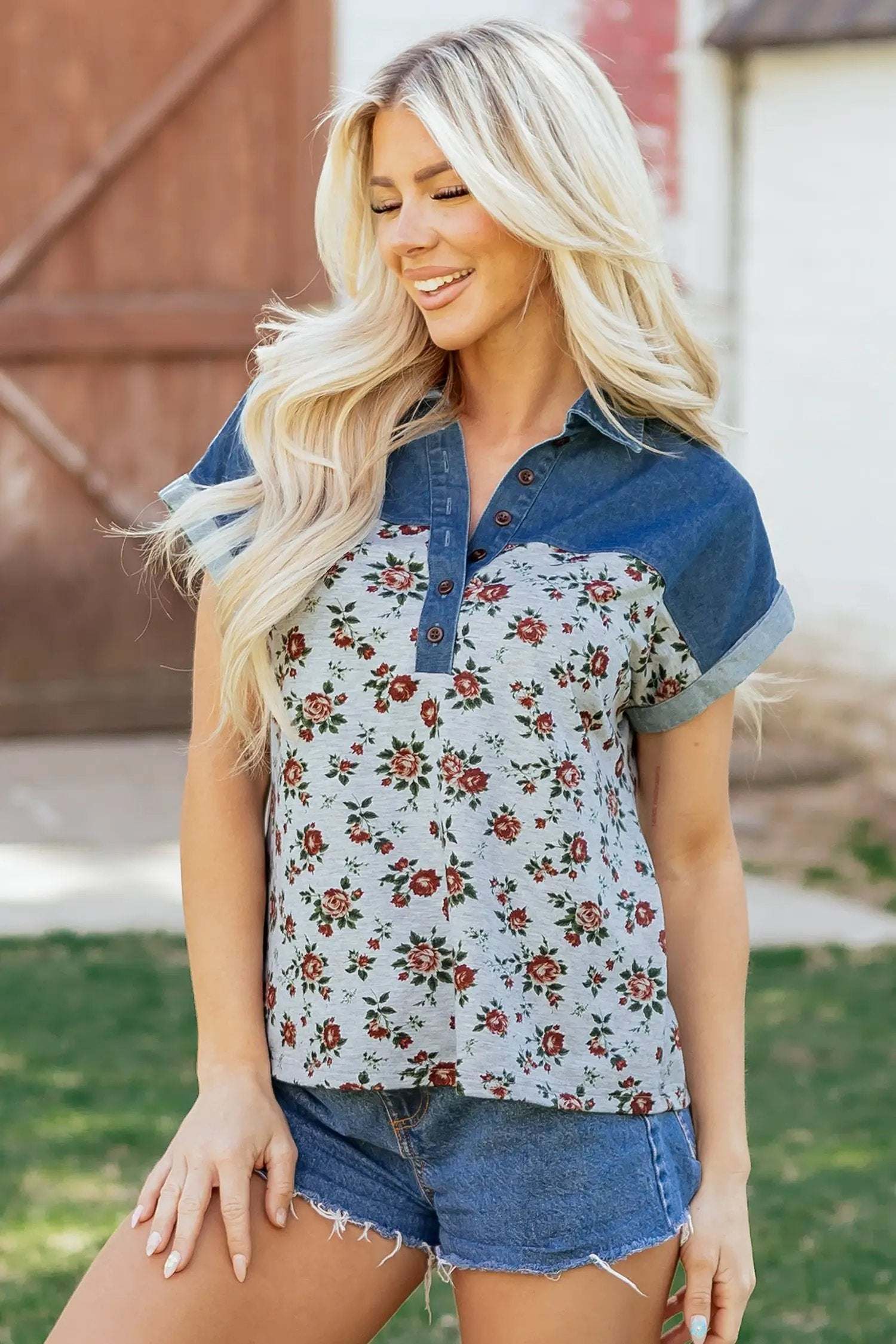 Cool Mom Classic | Denim Patchwork Floral Polo Collar Top With Button Detail