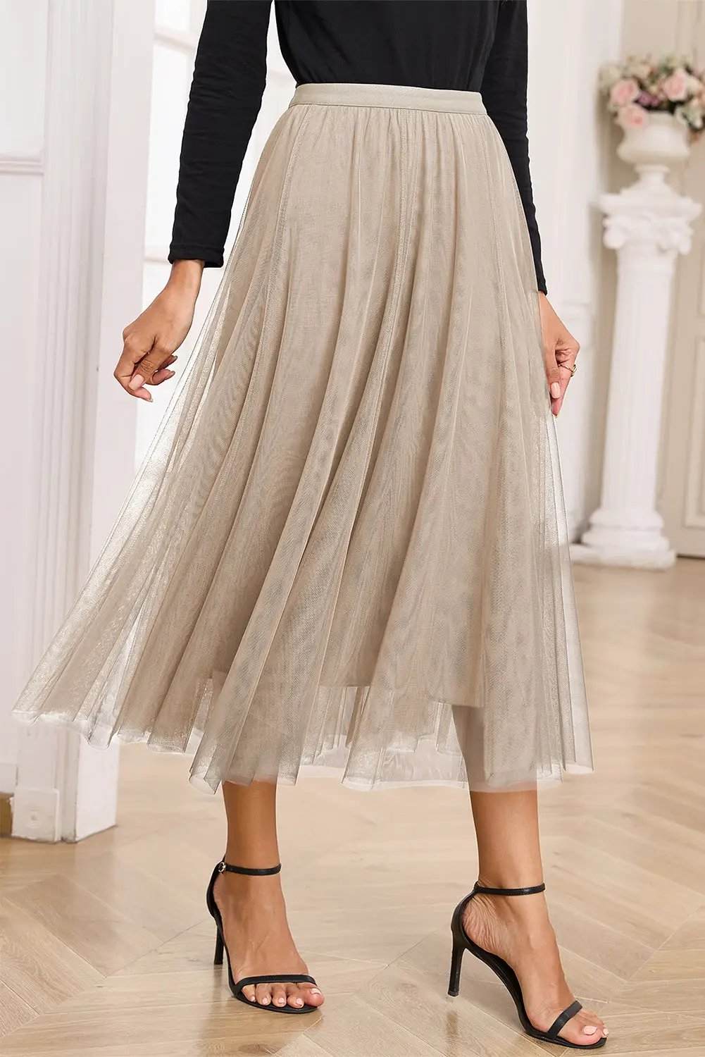 Dear-Lover Dropshipping Apricot Tulle Mesh Overlay Flared Midi Skirt - Bottoms/Skirts & Petticoat