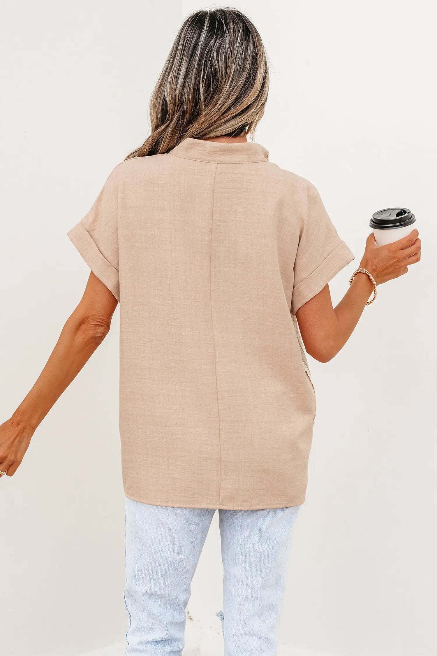 J&H Apparel Crochet Lace Accent Pullover Rolled Short Sleeve Blouse - Blouses Tops/Blouses & Shirts