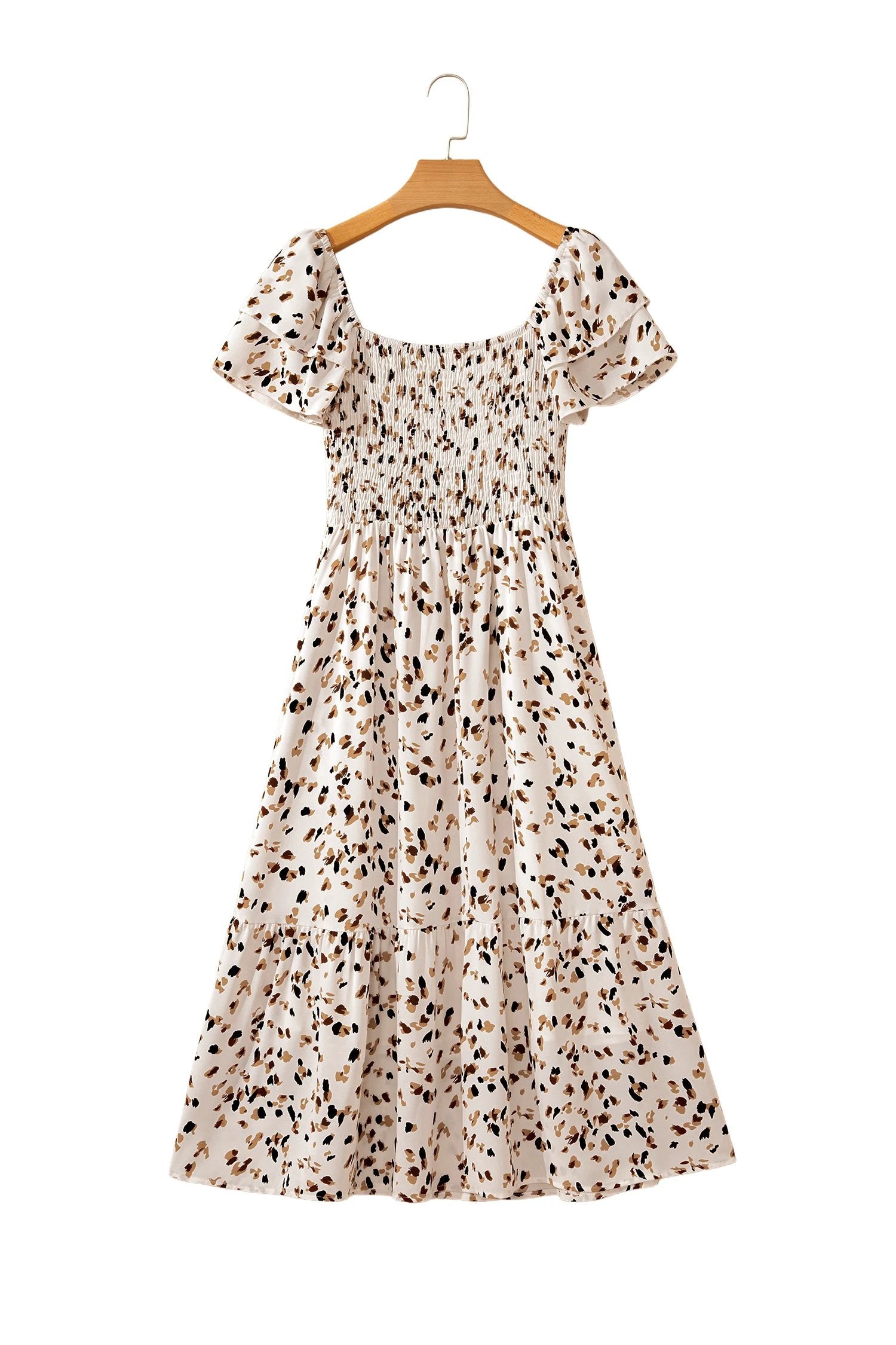 beige ditsy floral print smocked square neck ruffle short sleeve dress for women casual everyday outfit