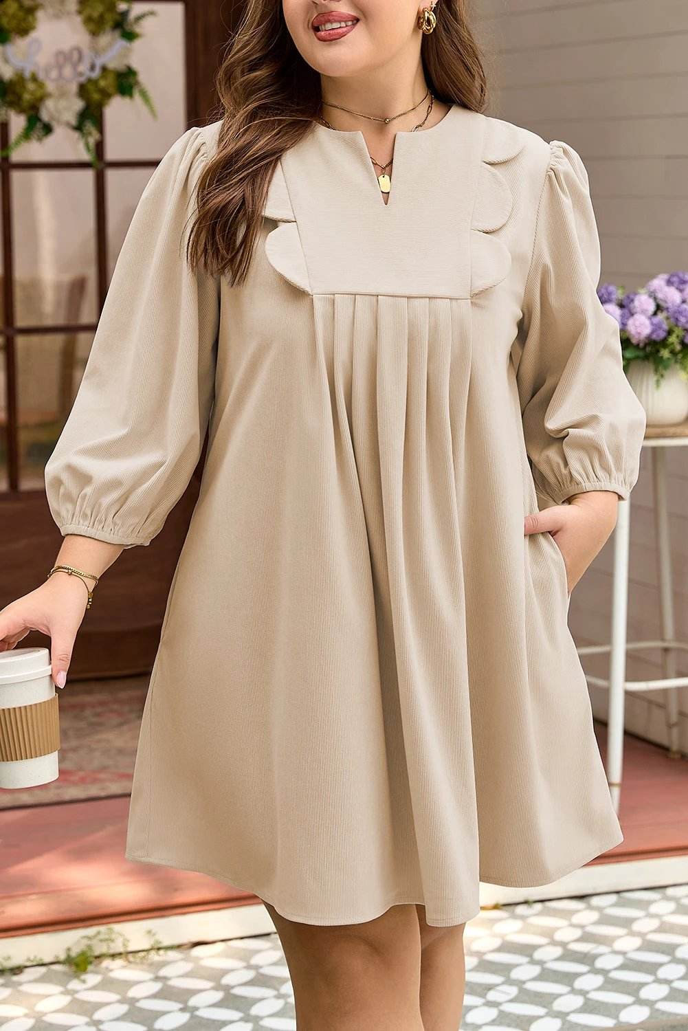 Plus size corduroy mini dress with notched scallop neckline and puff sleeves in khaki