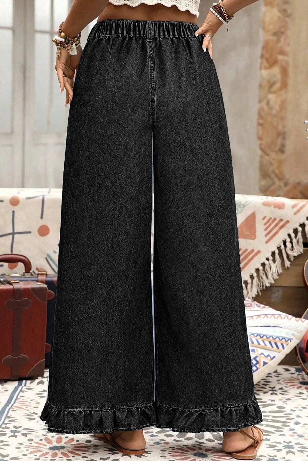 Plus Size Wide Leg Denim Pants with elastic waist and ruffled detail