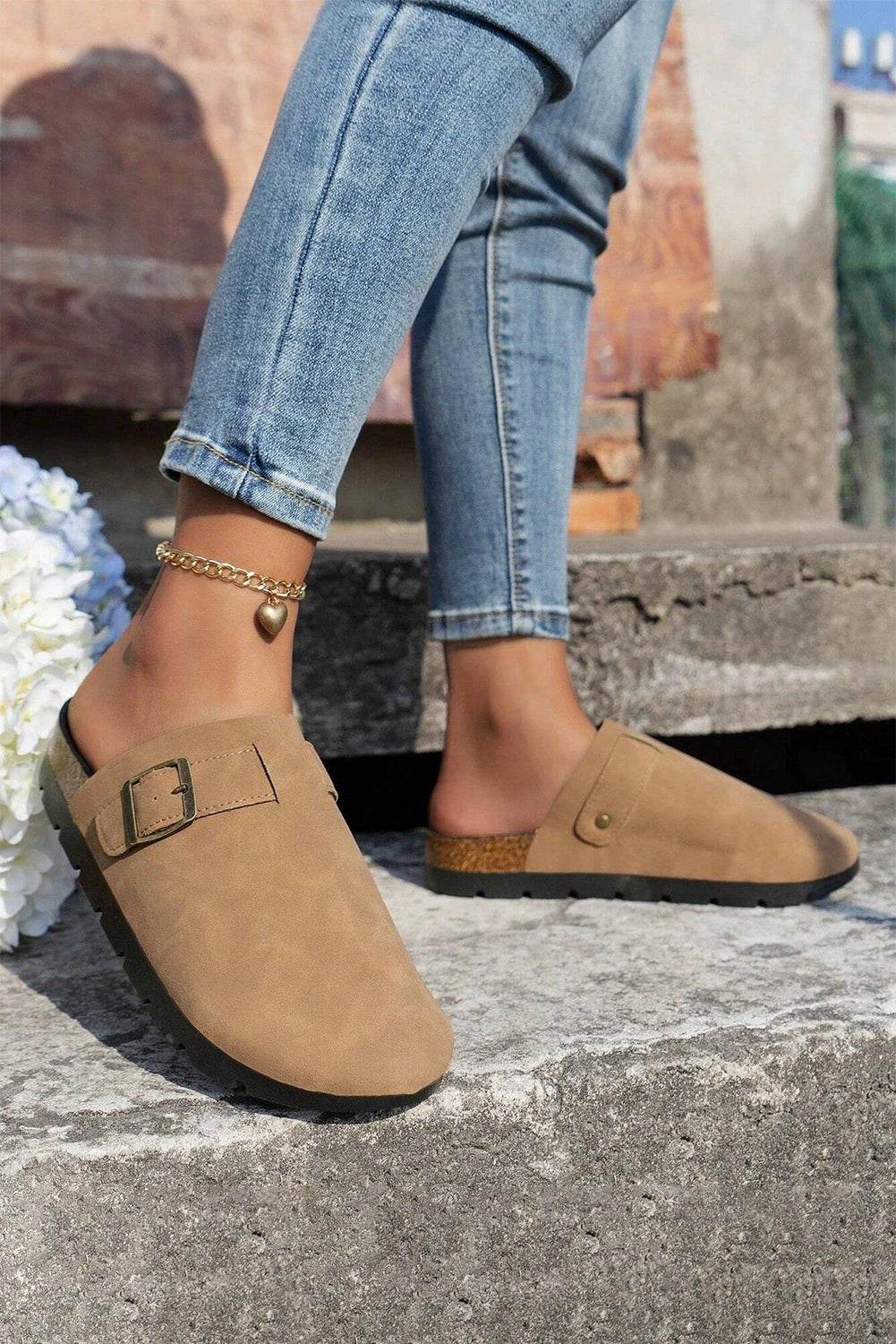 Beige suede buckle detail slippers for women casual everyday outfit