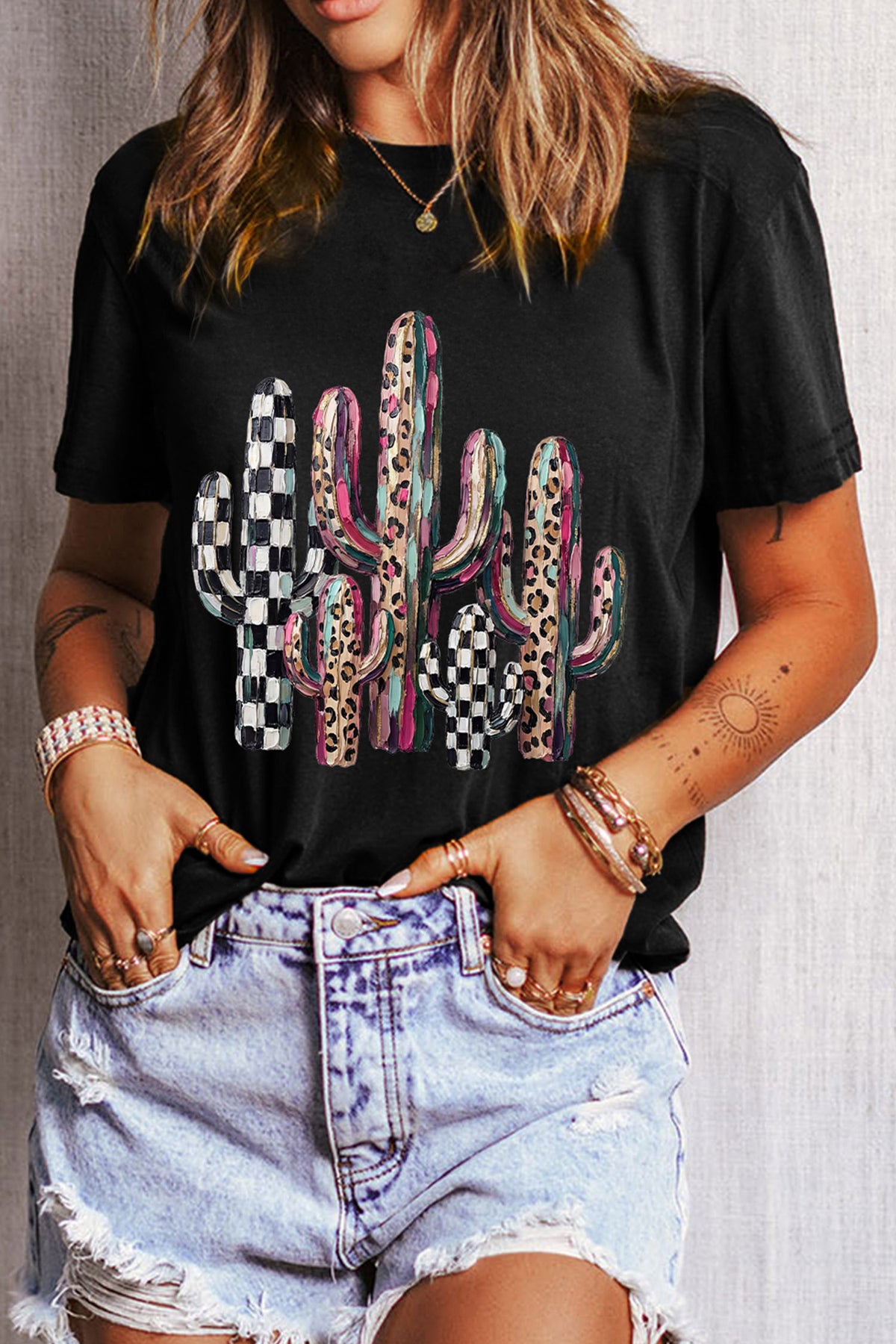 Mixed Pattern Cactus Graphic Print Relaxed T-Shirt