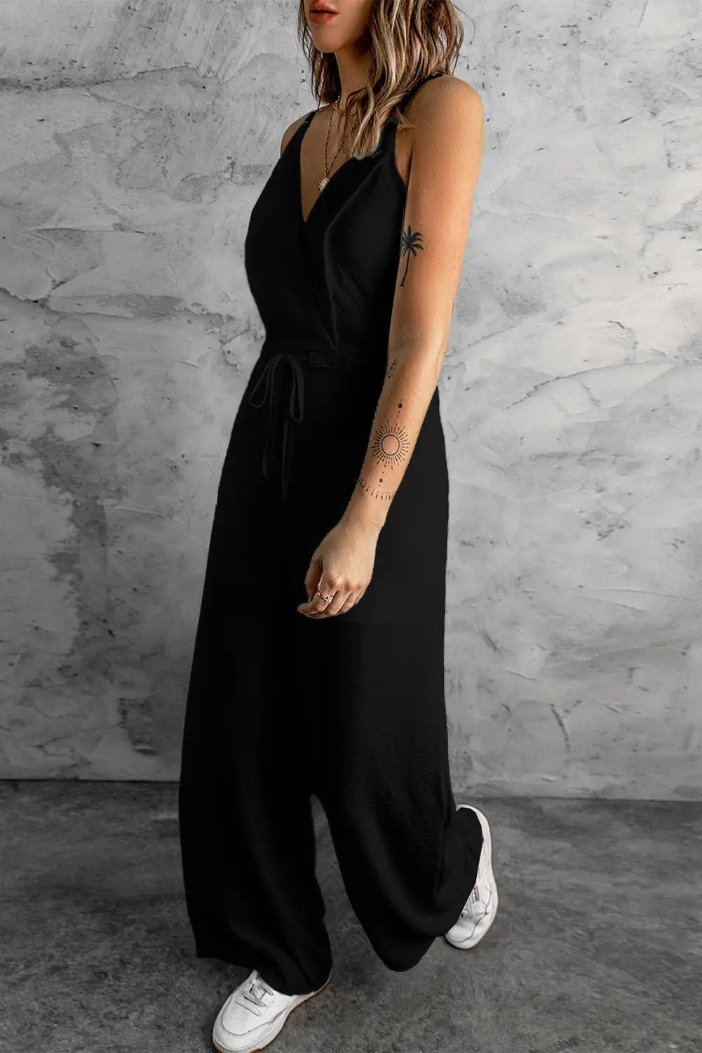 Dear-Lover Dropshipping Black Solid Spaghetti Strap Wide Leg Drawstring High Waist Jumpsuit - Bottoms/Jumpsuits & Rompers