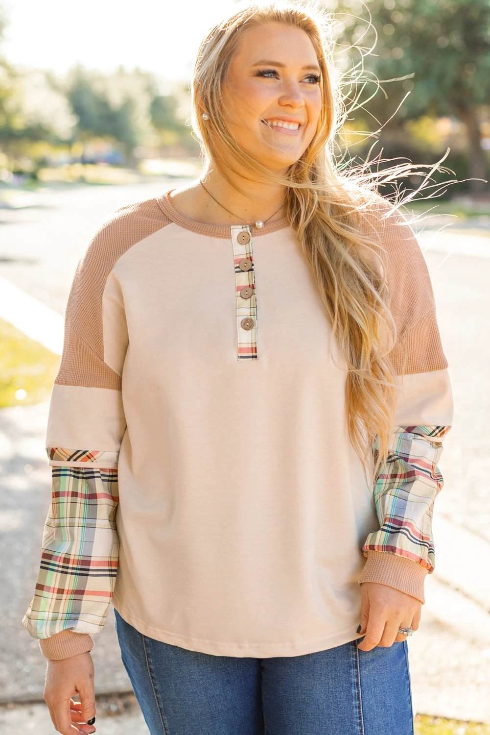 Plus size Everyday Diva plaid color block layered Henley top with patchwork sleeves and relaxed fit