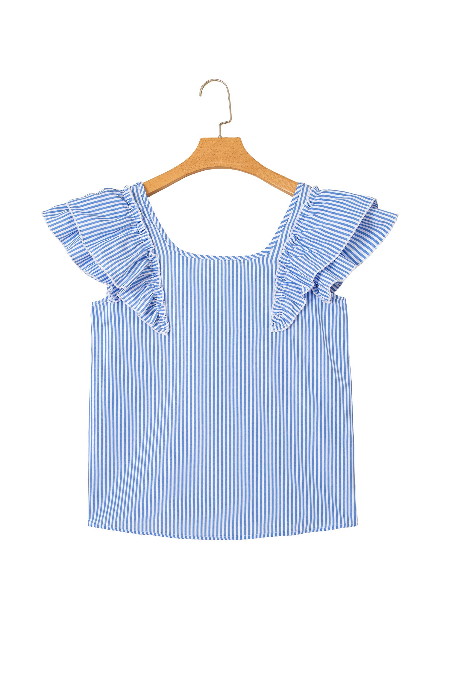 Stripe Square Neck Bow Decor Frilly Ruffled Short Sleeve Blouse