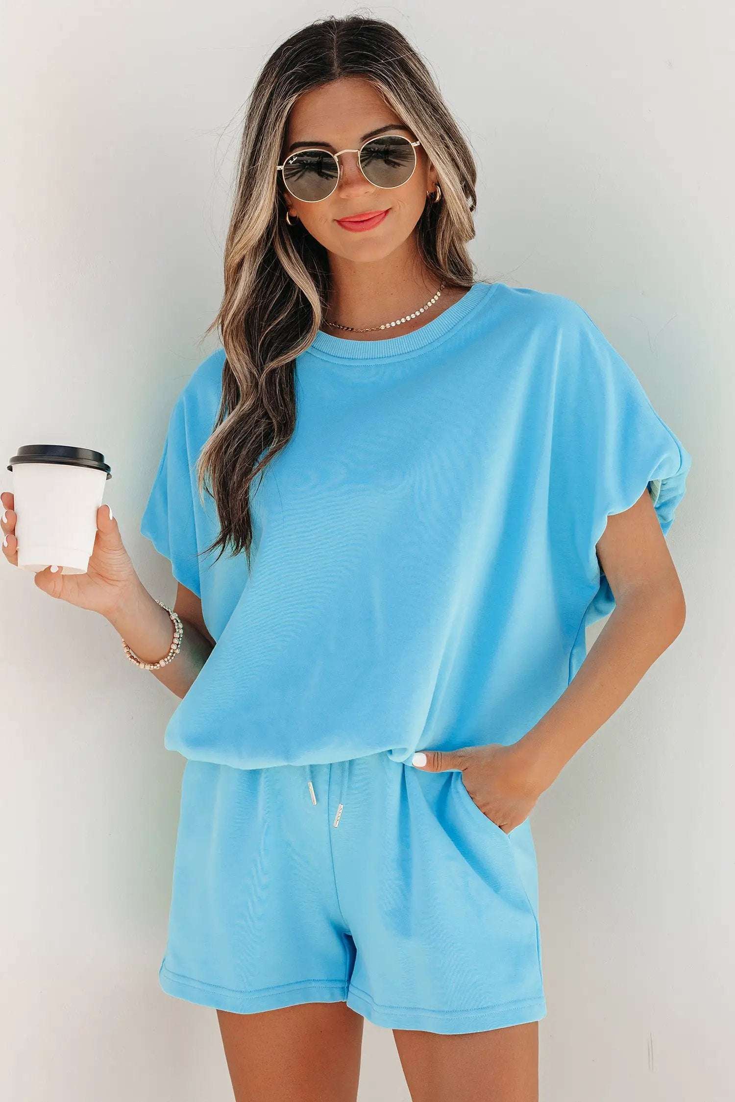 J&H Apparel Green Solid Color Puffy Loose Top Drawstring Shorts 2pcs Outfit - Outfit Sets Two Piece Sets/Short Sets