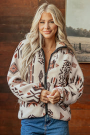 Geometric Print Long Sleeve Shirt Collar Zip-Up Placket Binding Tape Jacket