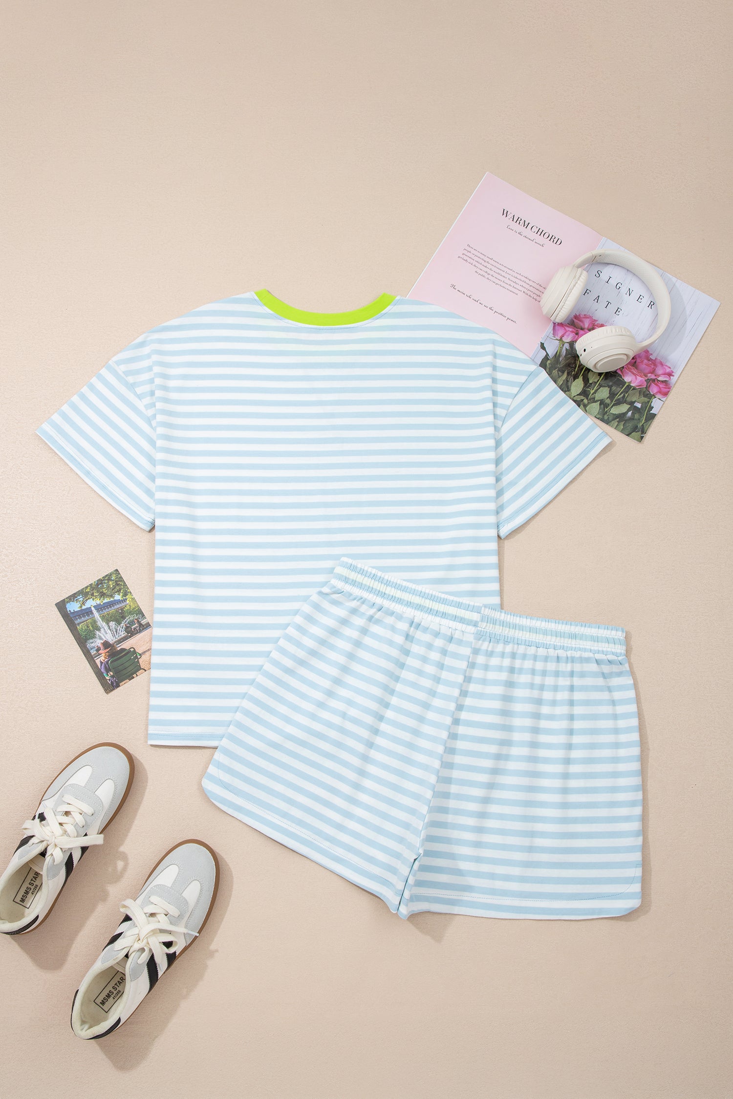 Sunlit Mom Vibes | Striped Tee And Drawstring Shorts Outfit Set