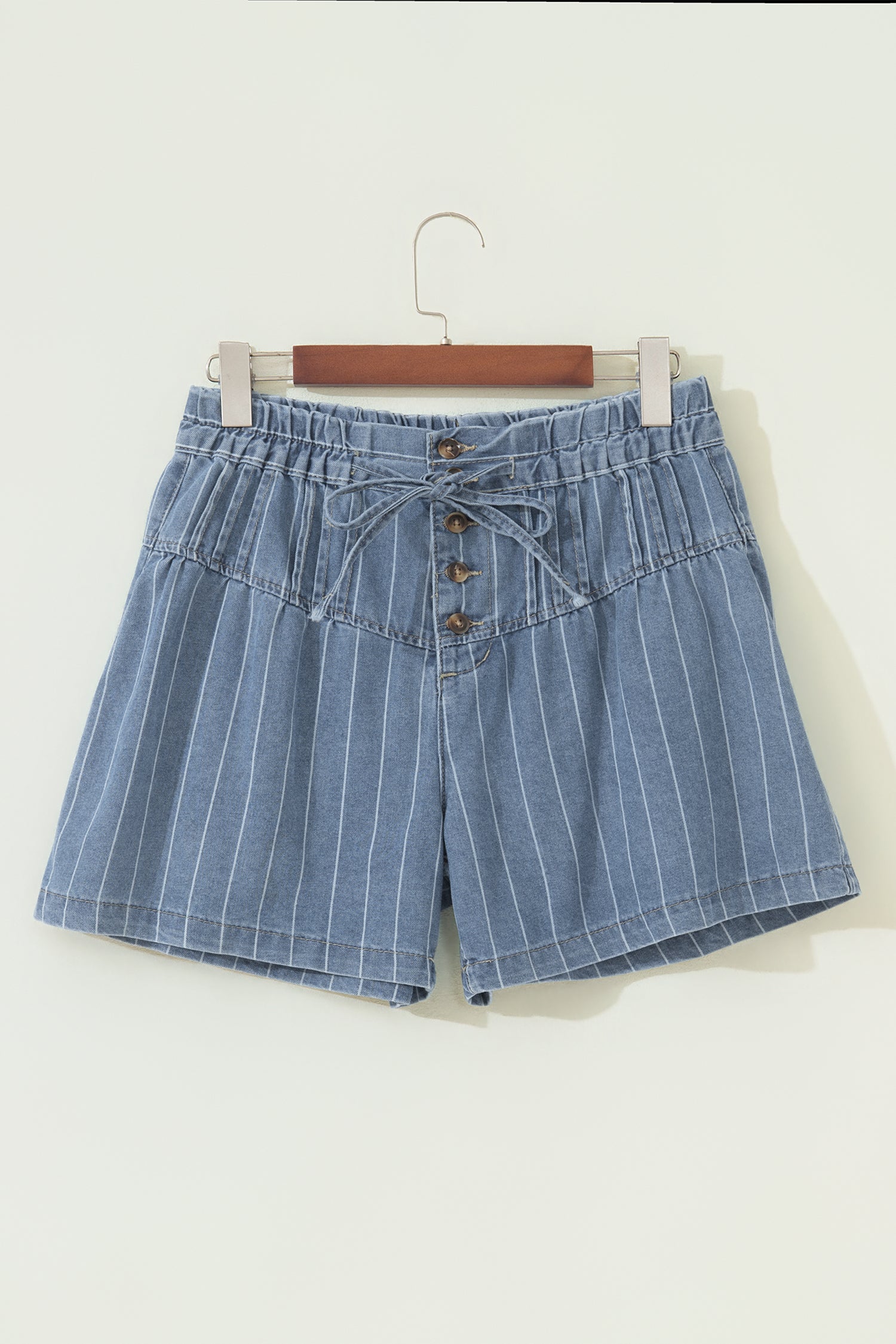 Stripe Drawstring Button Pleated High-Waisted Denim Shorts — women's everyday bottoms | J&H Apparel