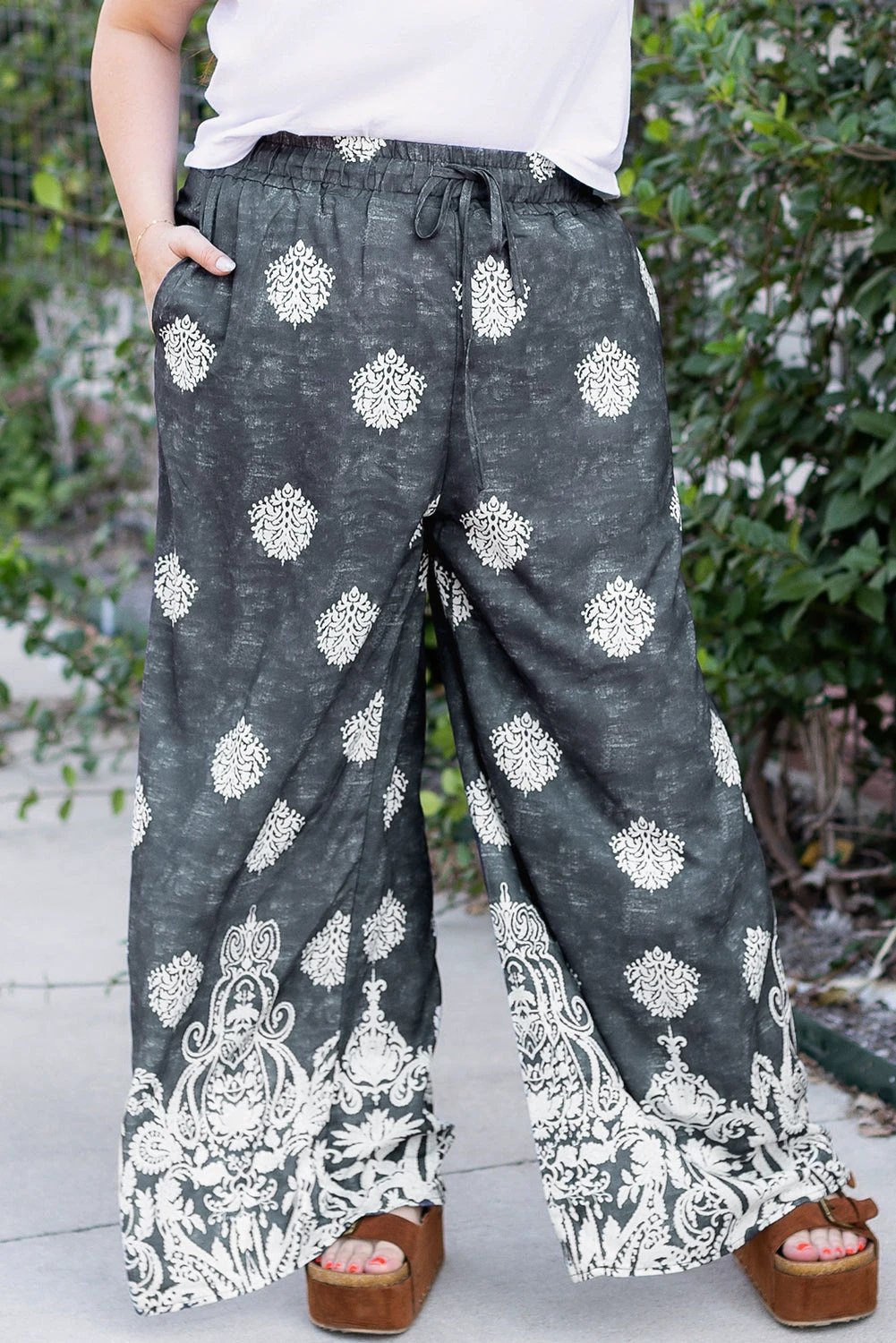 black plus size geometric ethnic print drawstring wide leg pants for women casual everyday outfit