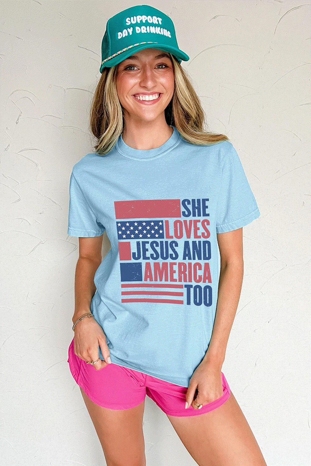 light blue she loves jesus and america too flag graphic t shirt for women casual everyday outfit