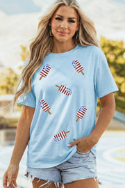 Light blue patriotic vibes tee with sequin popsicle graphic for summer style