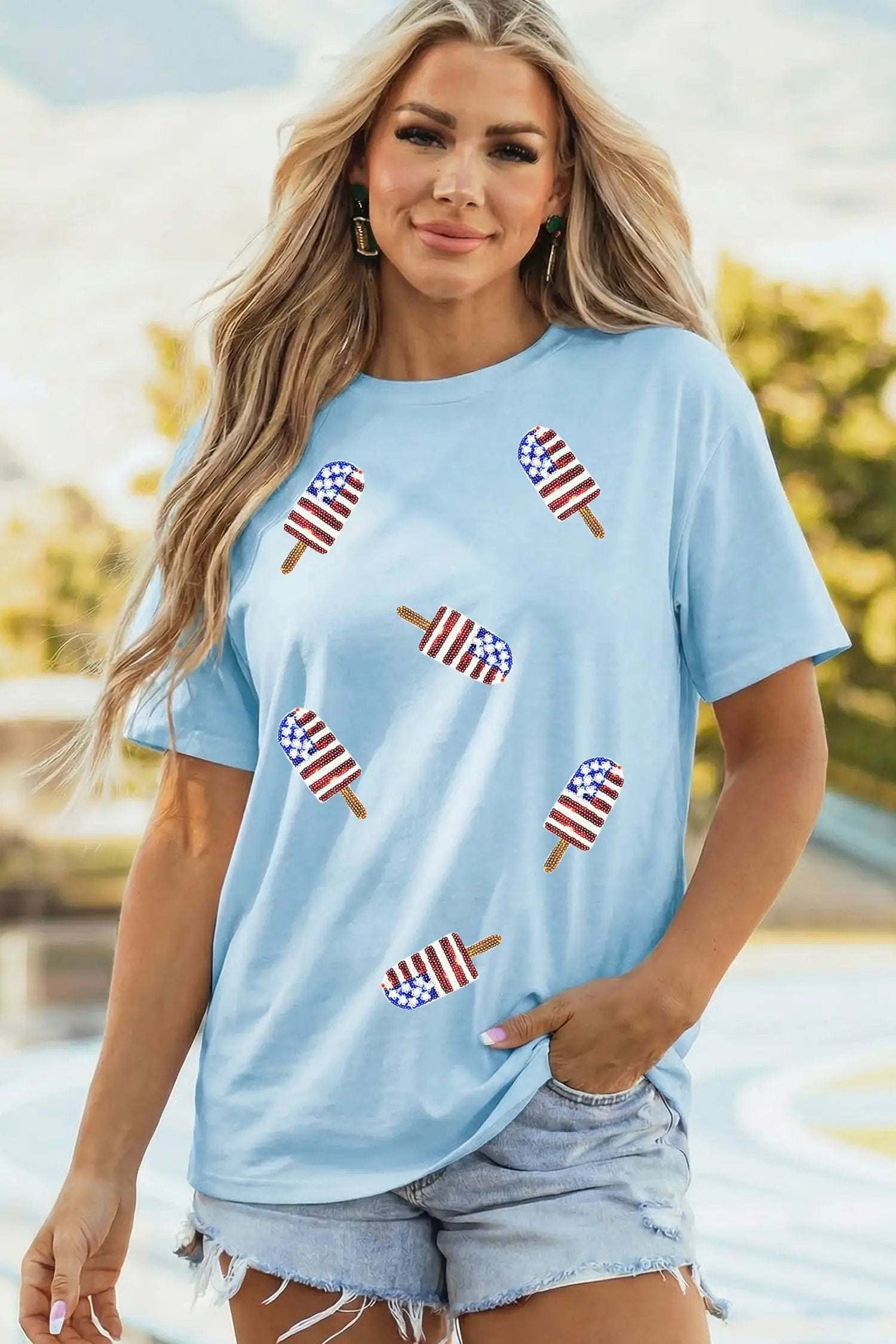 Light blue patriotic vibes tee with sequin popsicle graphic for summer style