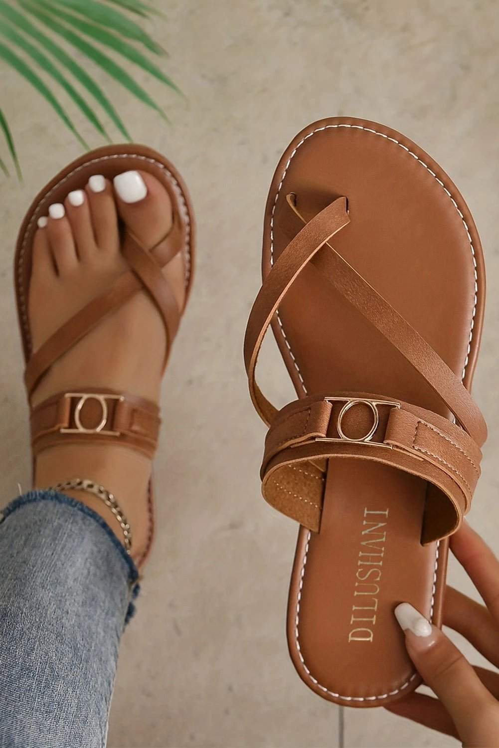 chestnut cross toe metal buckle leathered flat slippers for women casual everyday outfit