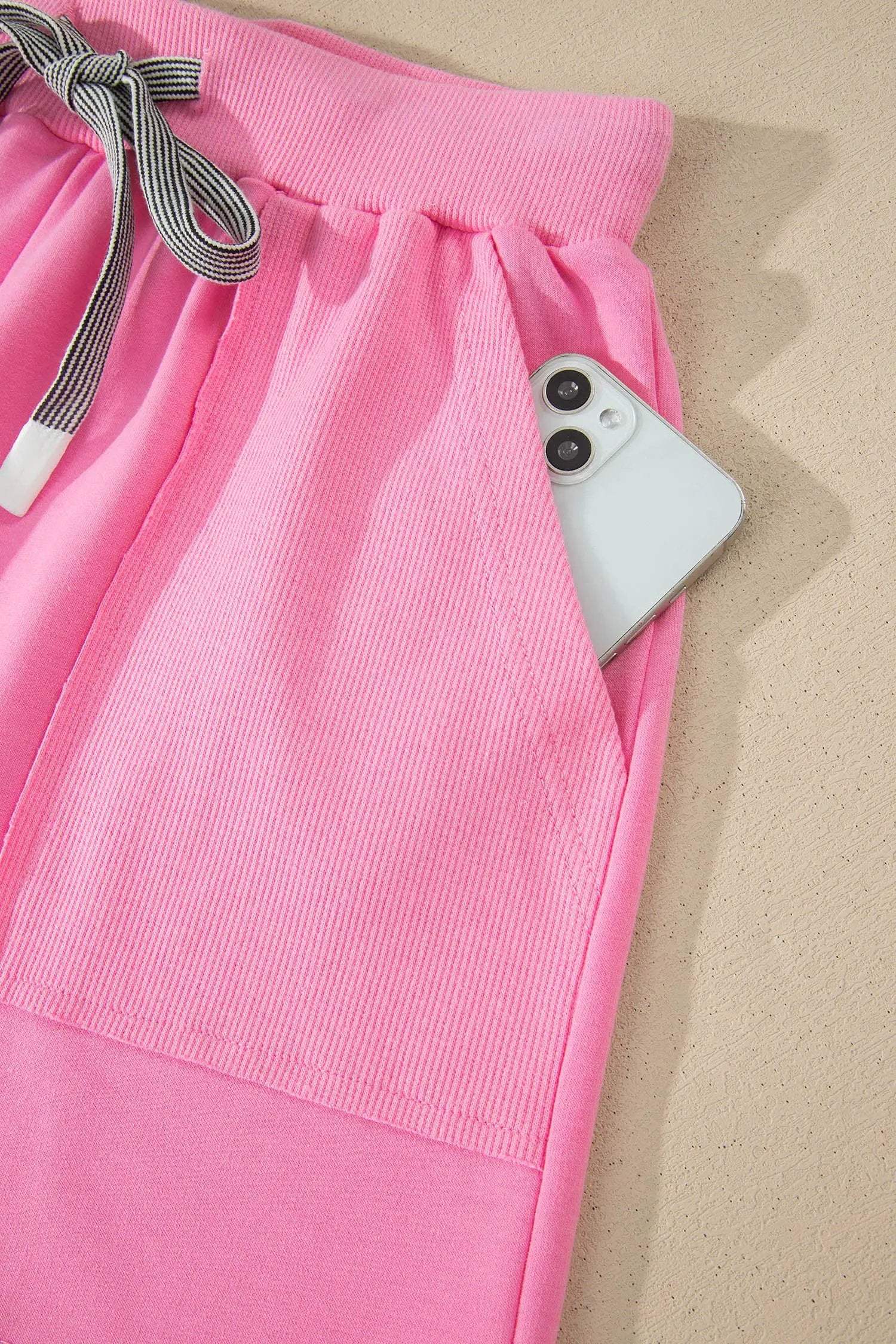 Pink V-neck short sleeve top and drawstring shorts Mom Chic two-piece outfit set