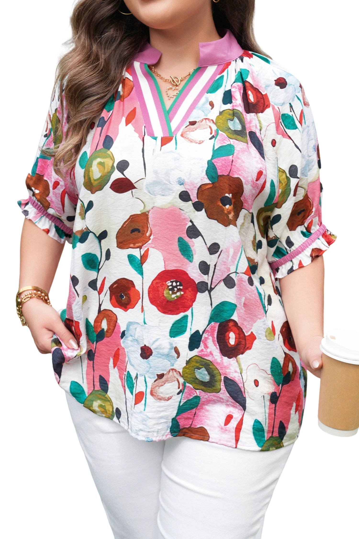 Dear-Lover Dropshipping Pink V Neck Short Puff Sleeve Plus Size Floral Blouse - Blouses Plus Size/Plus Size Tops/Plus Size Blouses & Shirts