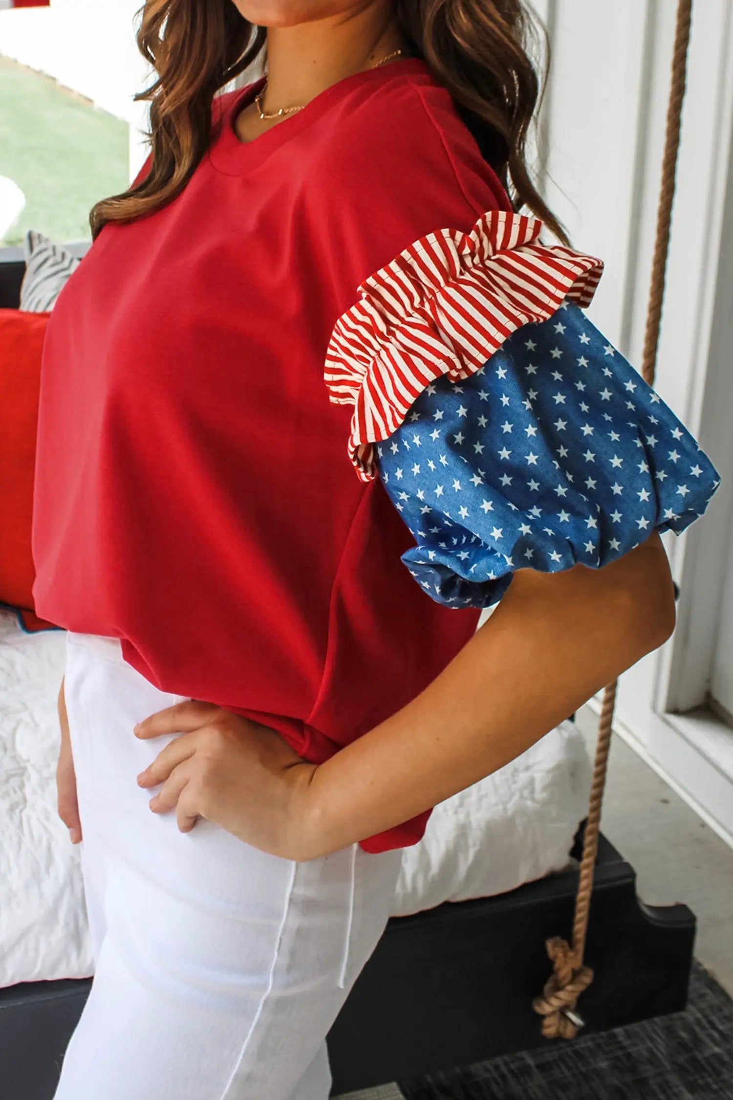 Fiery red plus size top with patchwork star and striped ruffle bubble sleeves