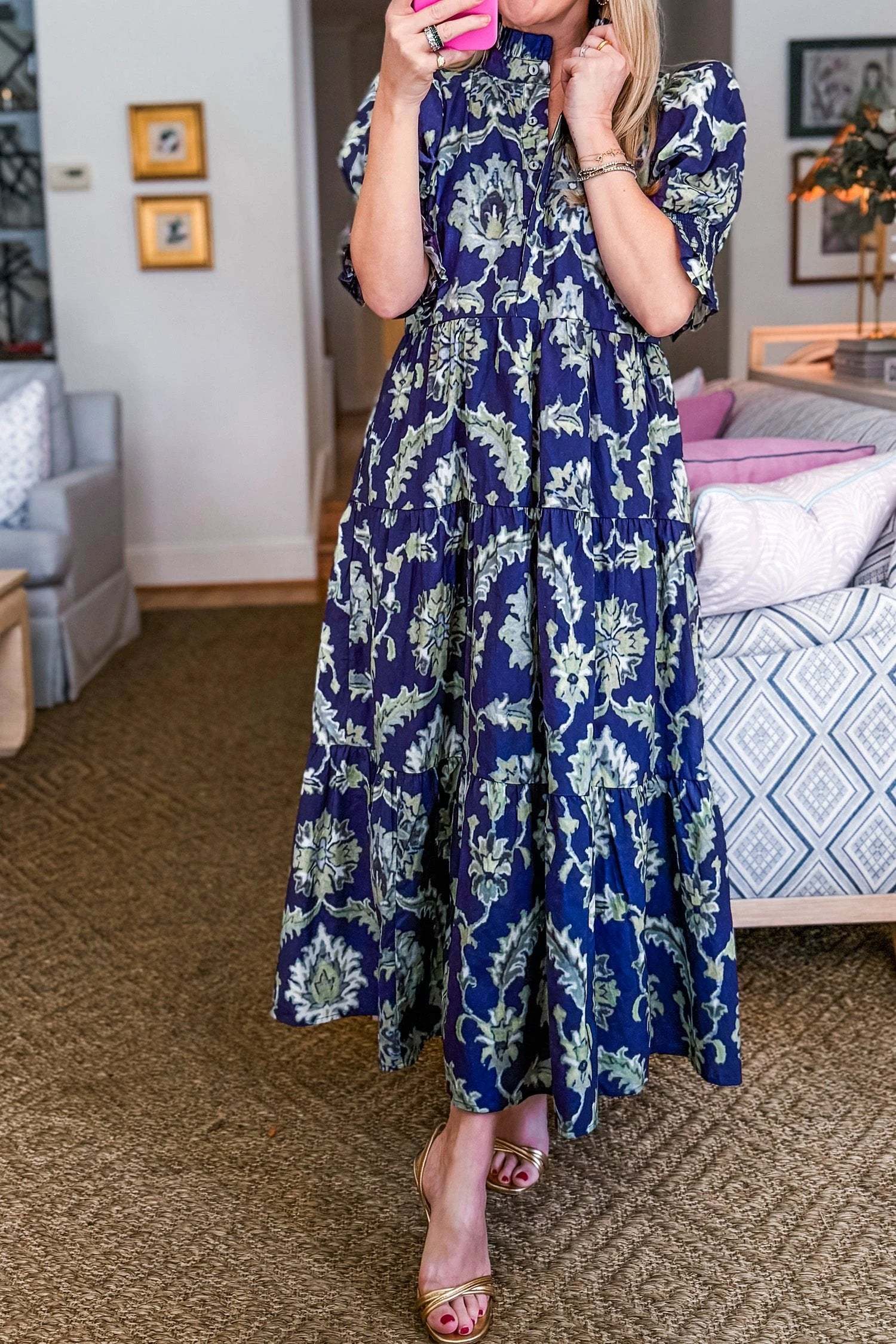 blue wild floral print frilled collar half sleeve long dress for women casual everyday outfit