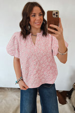 Floral Textured Jacquard Puff Sleeve Blouse — women's everyday top | J&H Apparel
