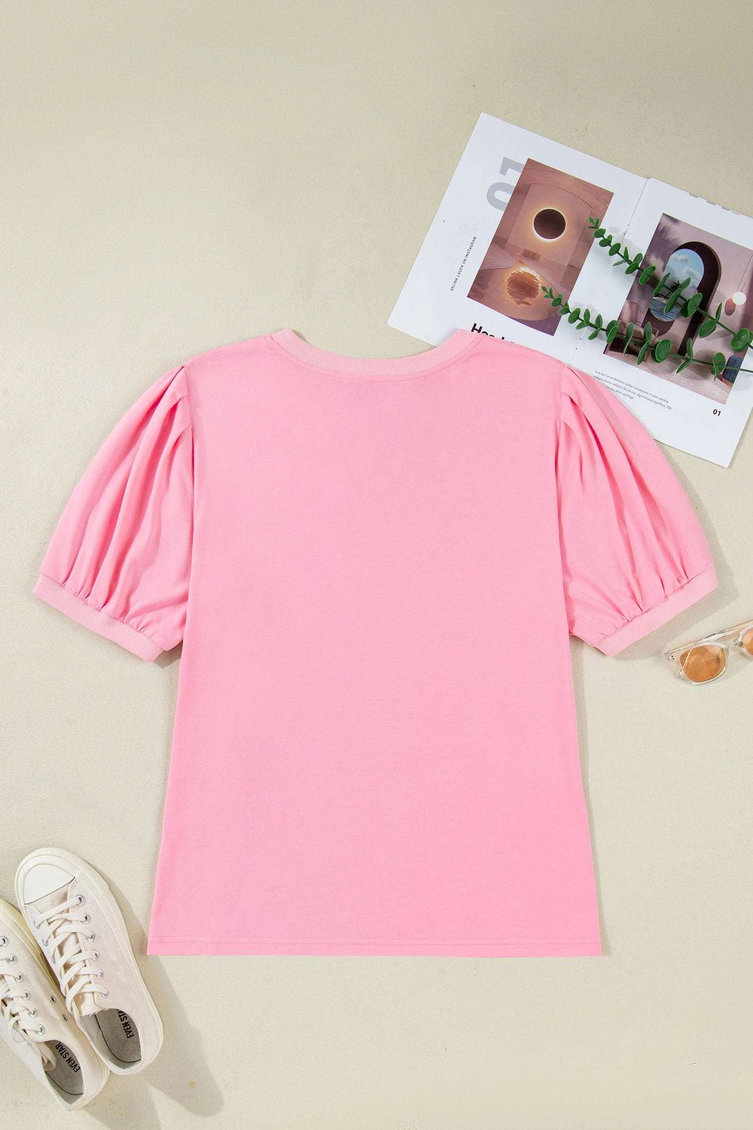 bonbon v neck pleated short puff sleeve plus size blouse for women casual everyday outfit