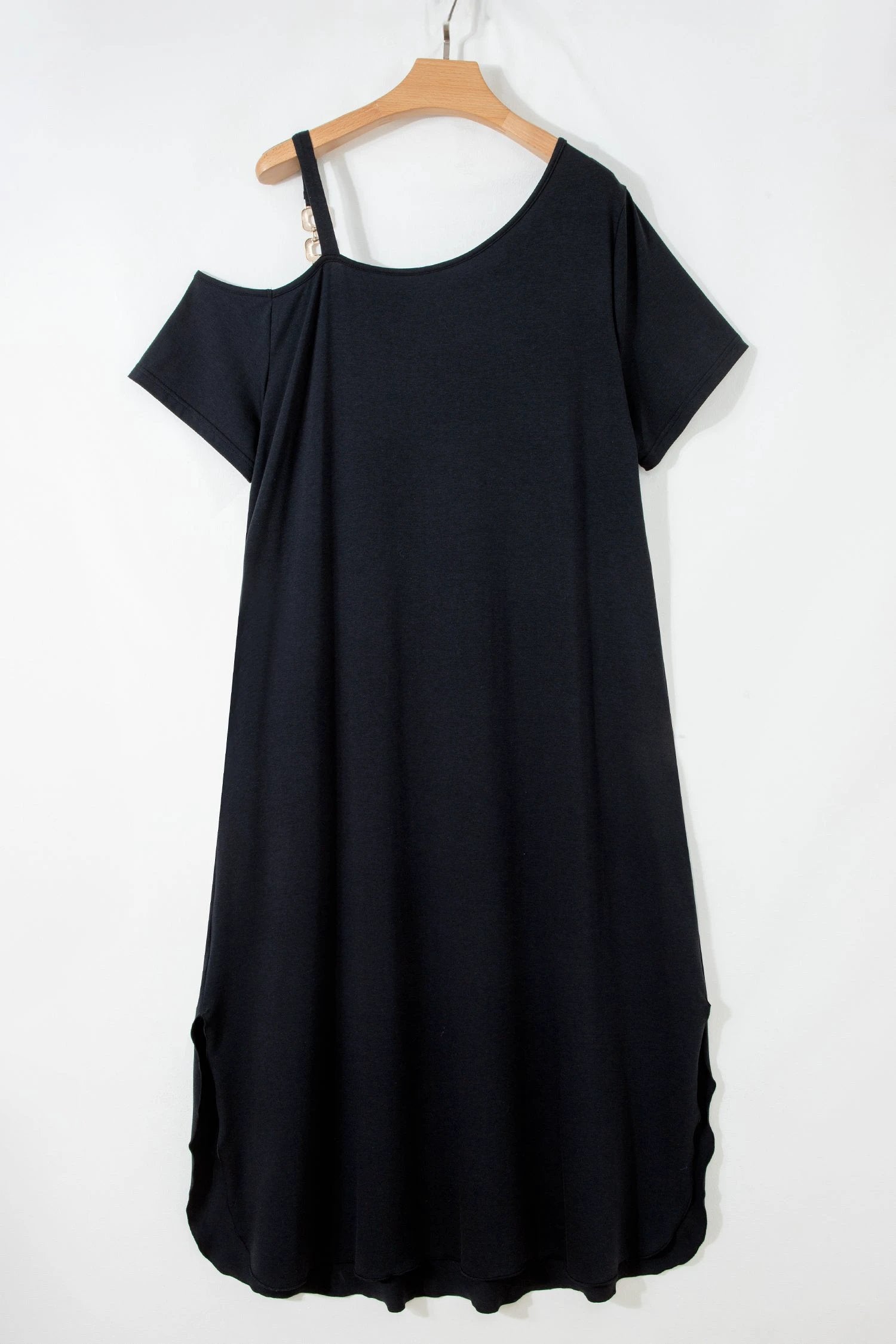 black asymmetric shoulder detail short sleeve plus size maxi dress for women casual everyday outfit