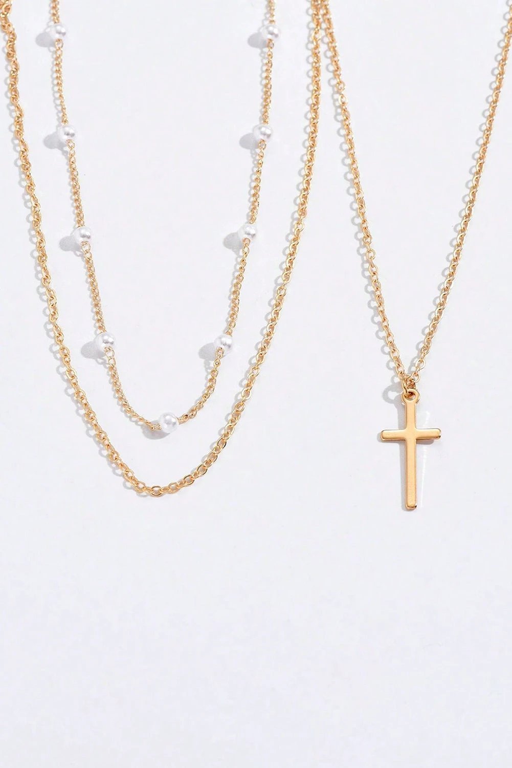 gold plated cross pendant pearl decor triple layer chain necklace for women casual everyday outfit