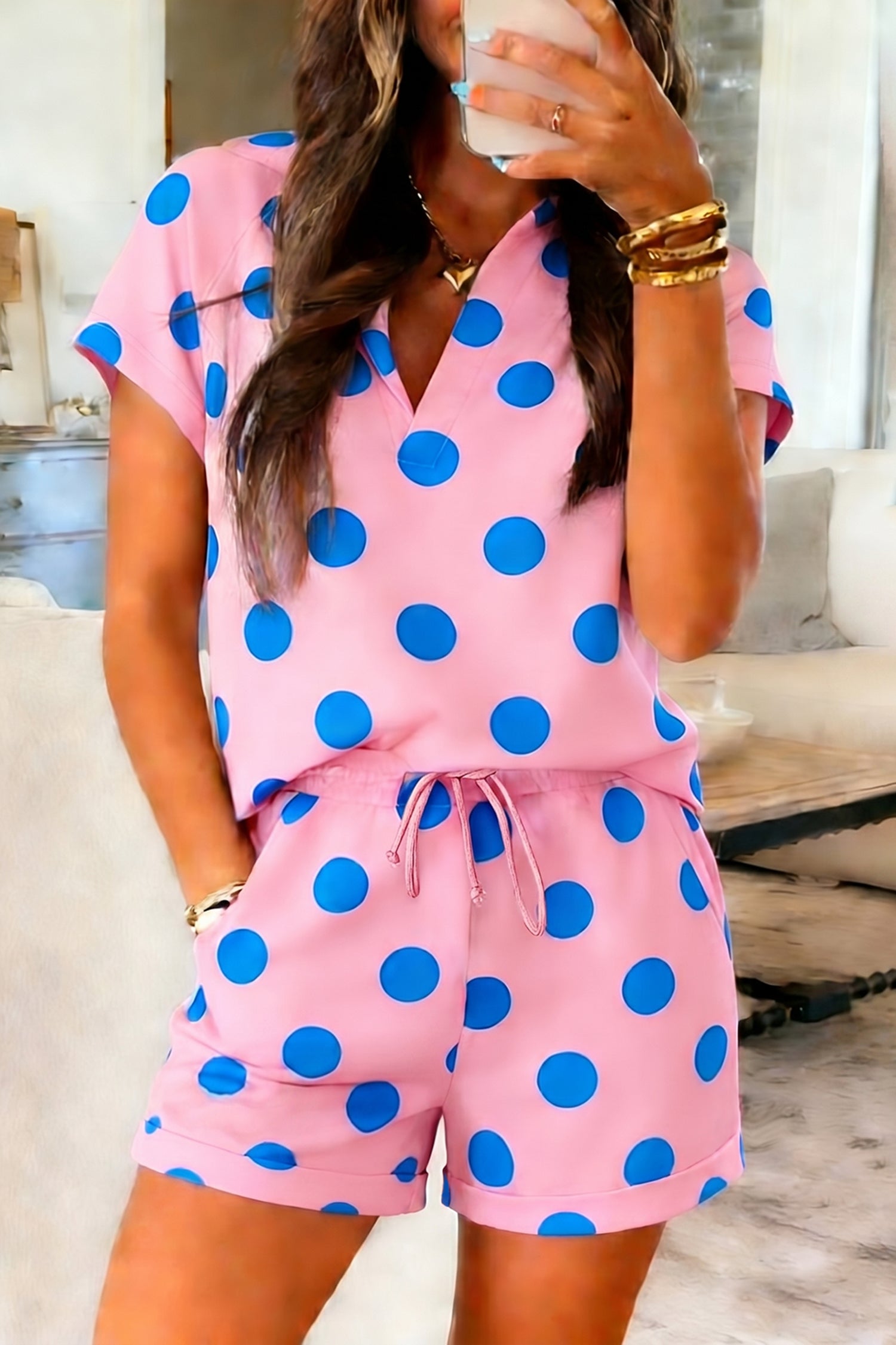 Polka Dot Tee Short Set | V-Neck Casual Outfit Set