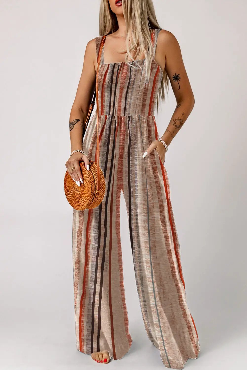 yellow stripe square neck sleeveless smocked bodice wide leg jumpsuit for women casual everyday outfit
