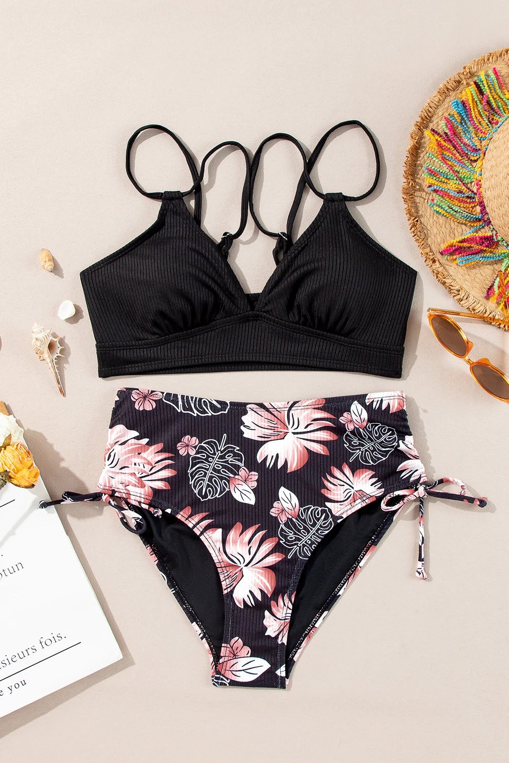 Black ribbed knit two-piece bikini with floral high-waist bottom and double-strap top