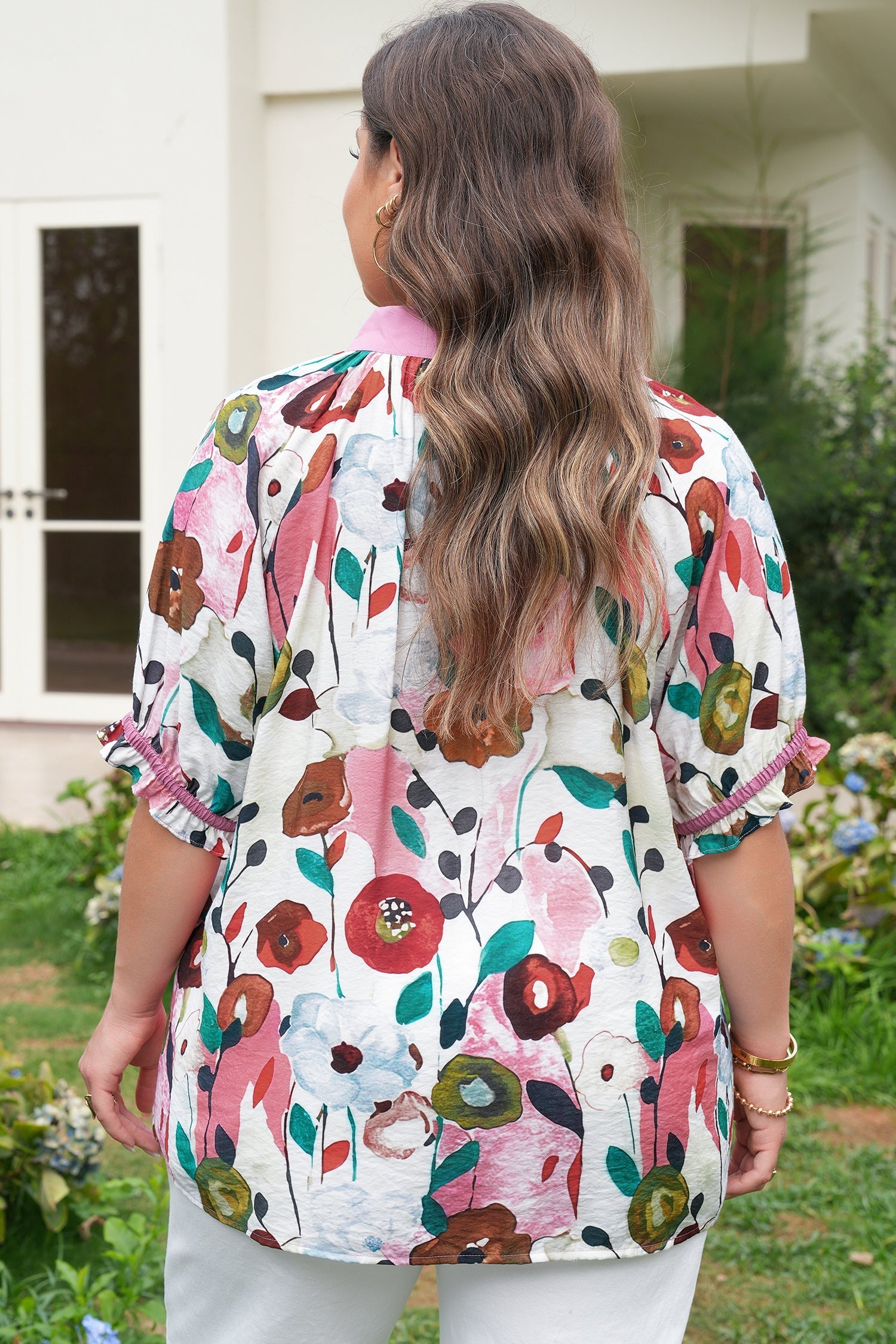 Dear-Lover Dropshipping Pink V Neck Short Puff Sleeve Plus Size Floral Blouse - Blouses Plus Size/Plus Size Tops/Plus Size Blouses & Shirts