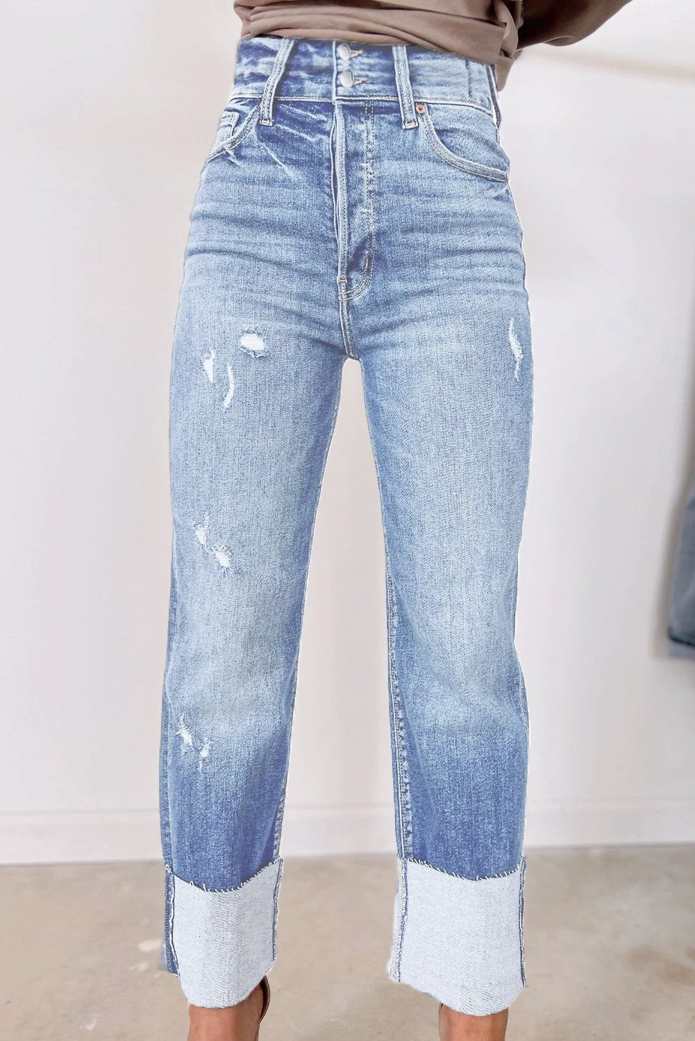 high waist distressed straight-leg jeans