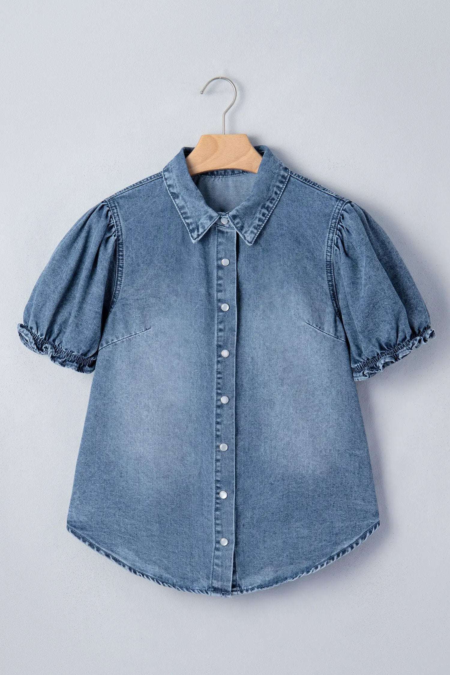 Blue denim Western Chic shirt with frilled short sleeves and snap buttons