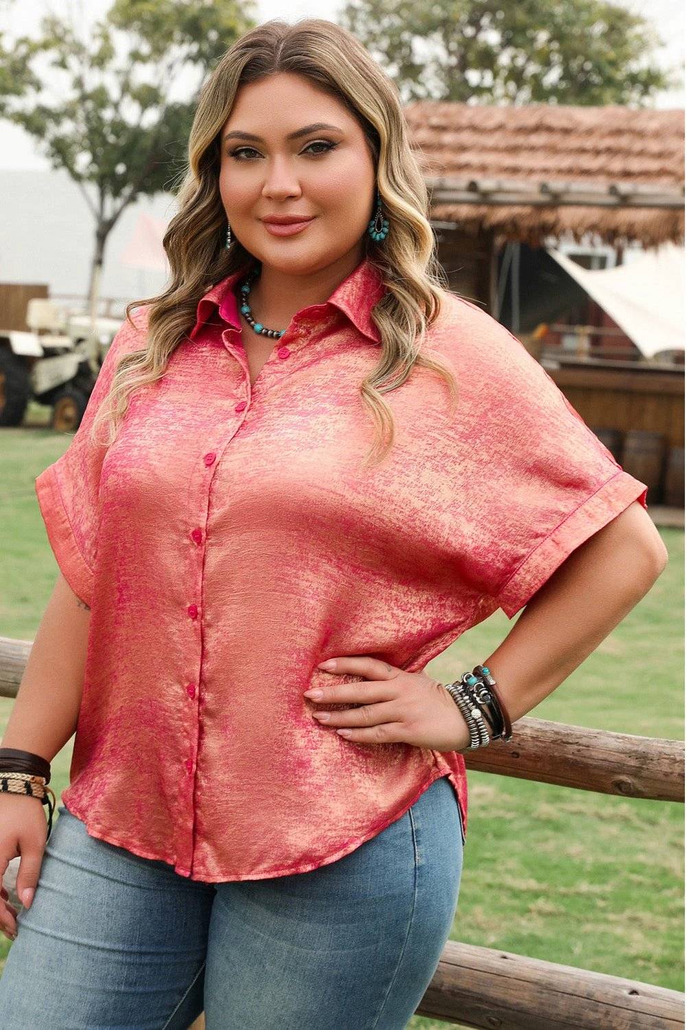 Plus size metallic sheen short sleeve satin button up shirt in soft pink