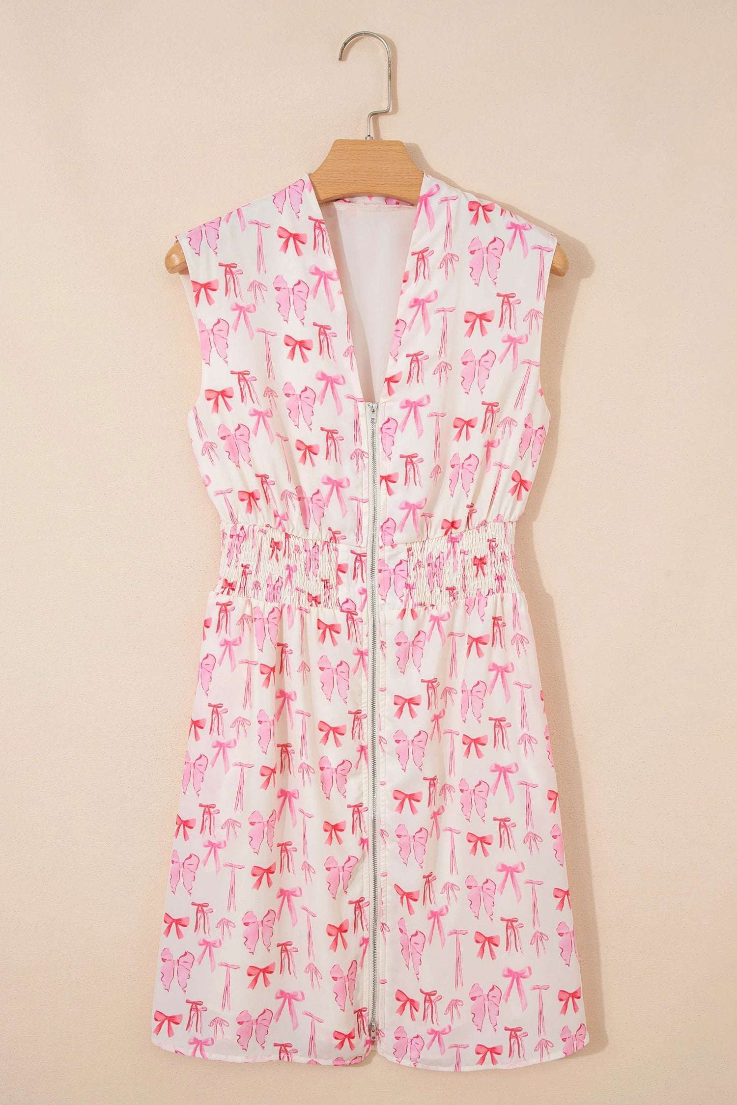 pink full zip cinched waist sleeveless bow mini dress for women casual everyday outfit
