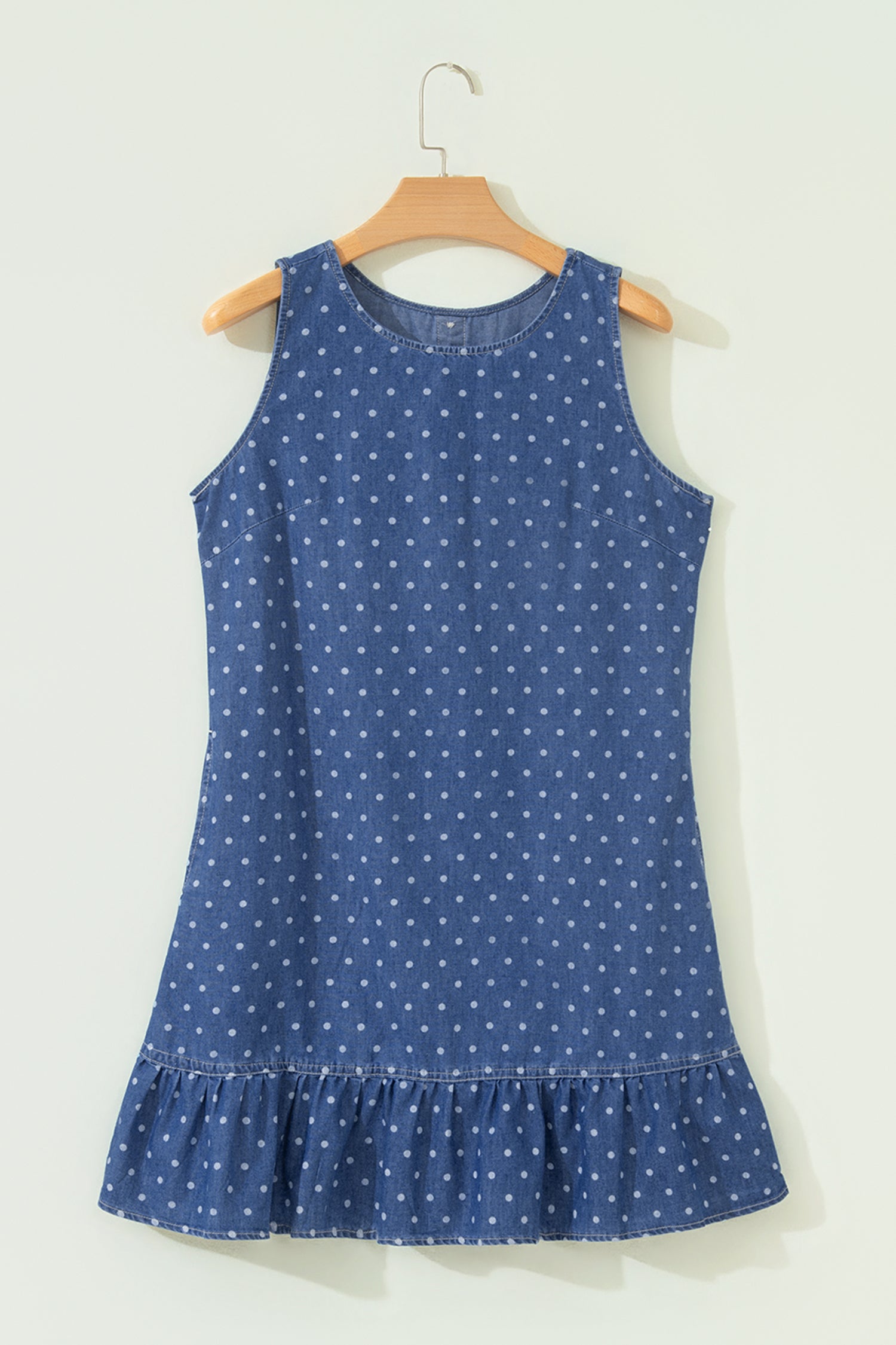 Polka Dot Ruffle Hem Sleeveless Denim Mini Dress — everyday dress for women | J&H Apparel