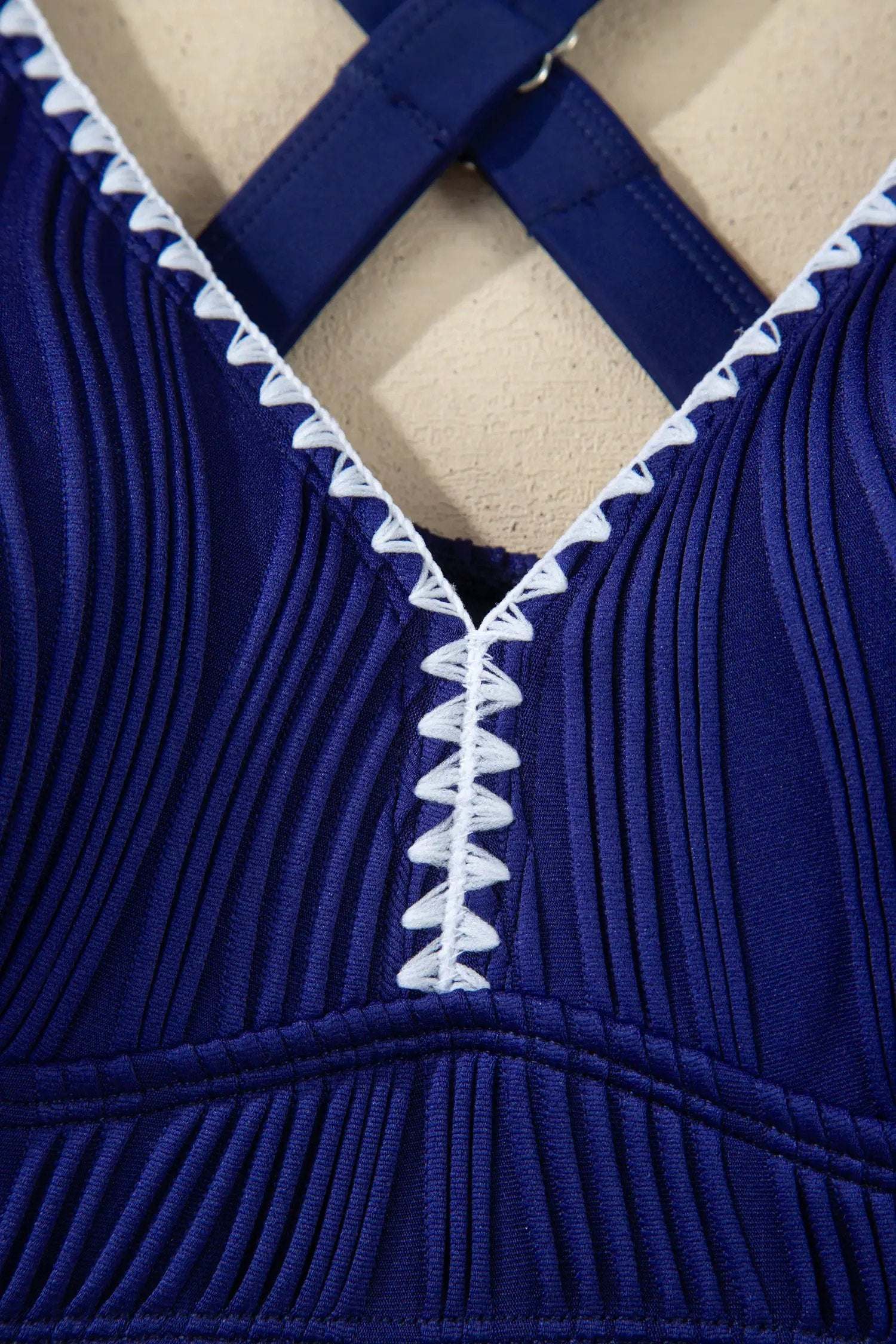 J&H Apparel Dark Blue Shell Stitched Trim V Neck Textured Mix and Match High Waist Bikinis - Classic Bikinis Swimwear/Bikinis