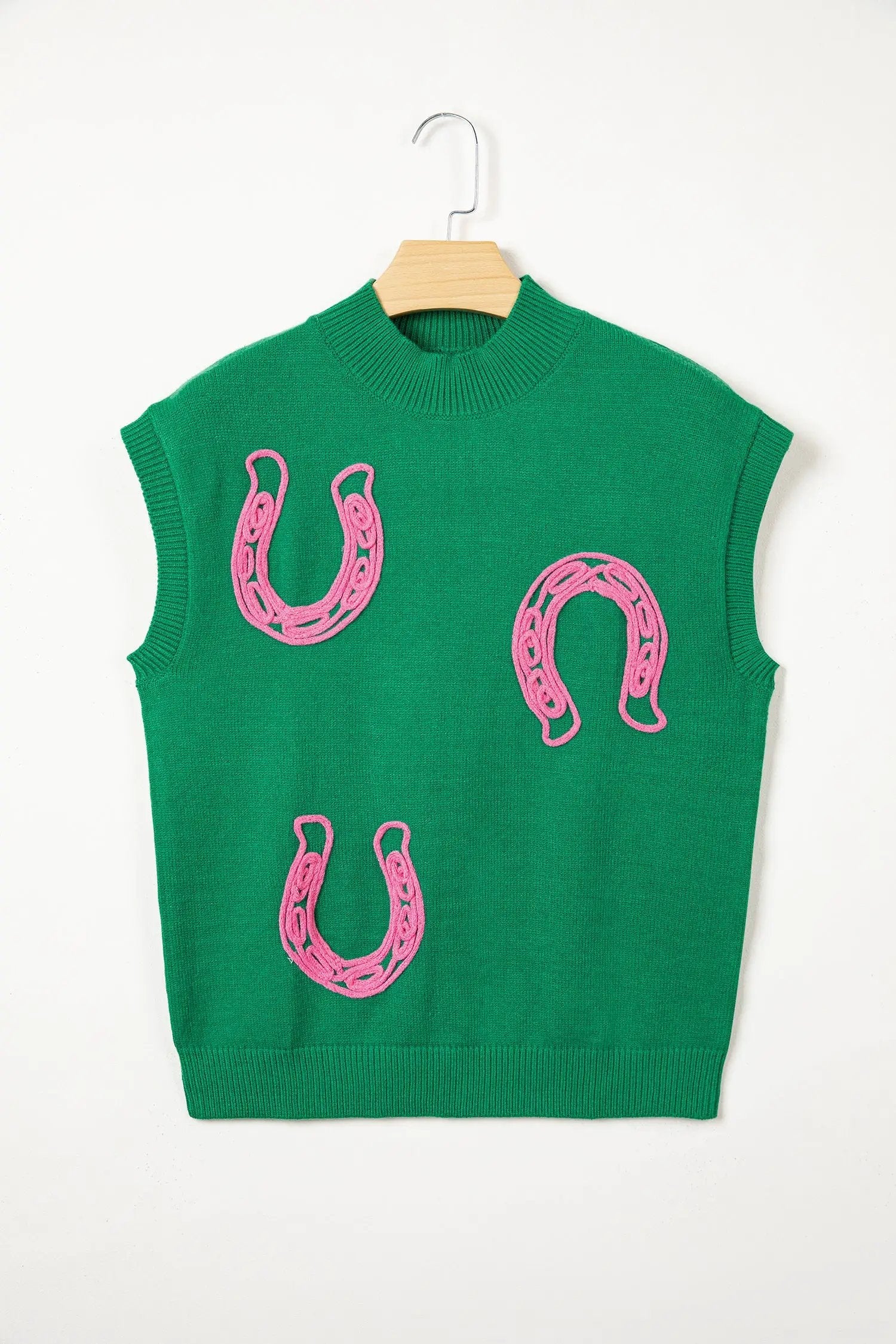 Bright green western horseshoes ribbed mock neck short sleeve knit sweater with pink embroidery