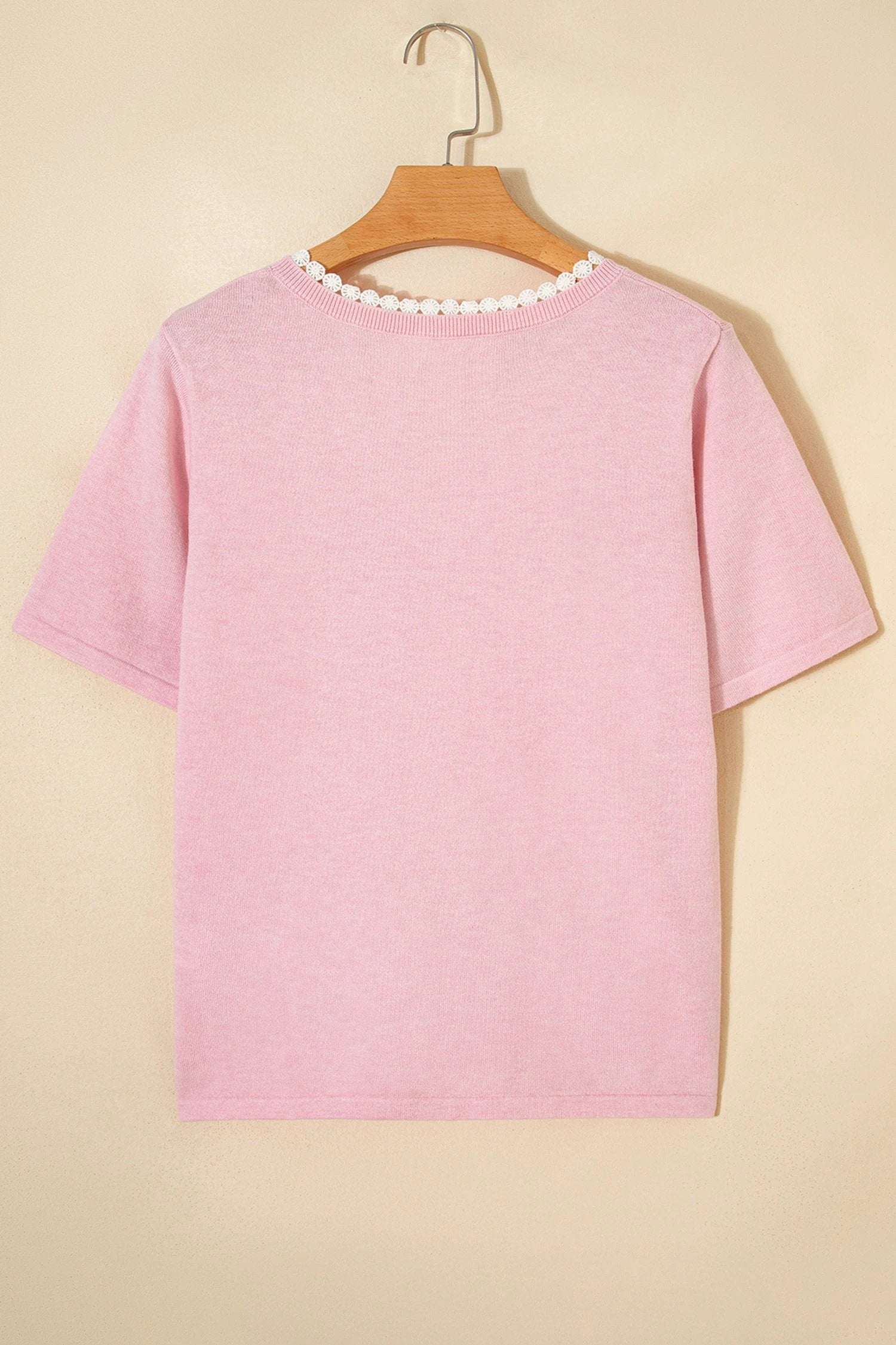 Pink lace trim V-neck short sleeve knit sweater for casual mom style
