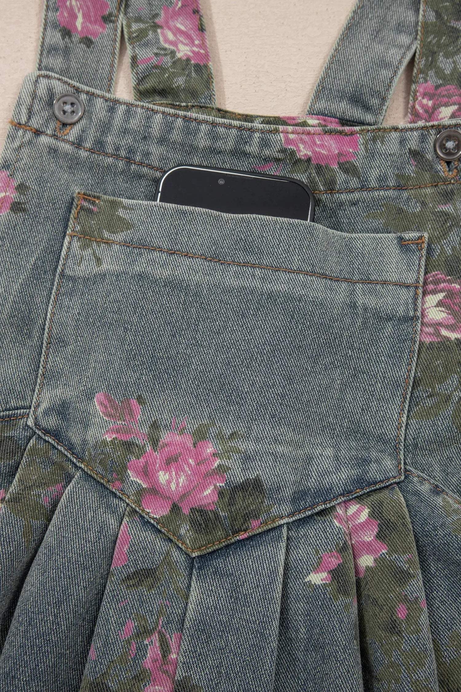 Floral Denim Jumpsuit with pleated high-waist and wide-leg silhouette