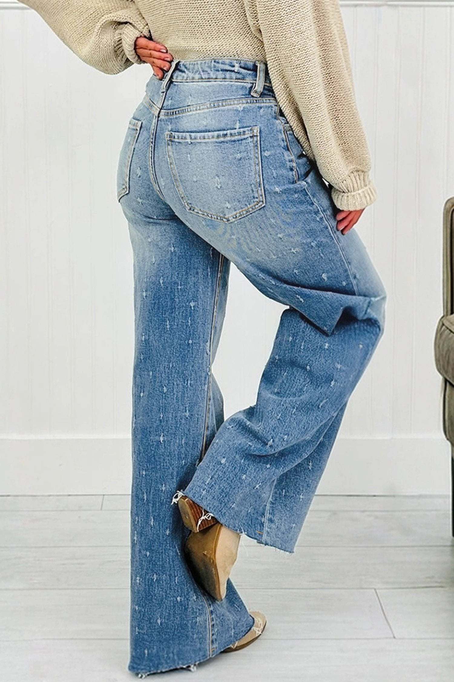 mist blue distressed detail tummy control raw hem jeans for women casual everyday outfit