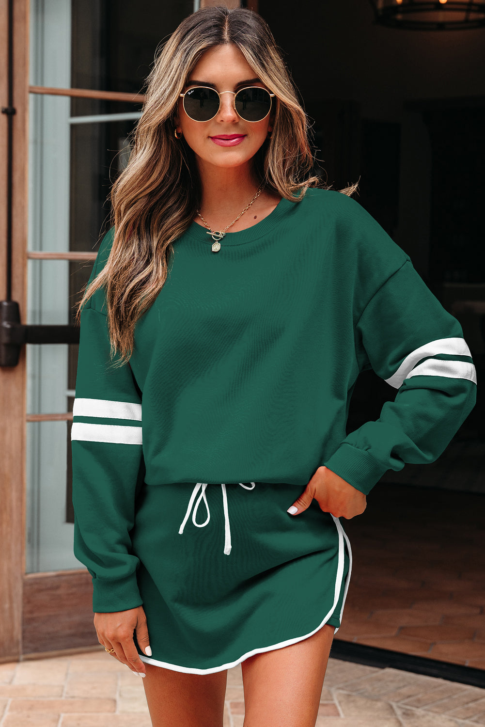 Navy Blue Varsity Stripe Detail Drop Shoulder Pullover Mini Skort Set
