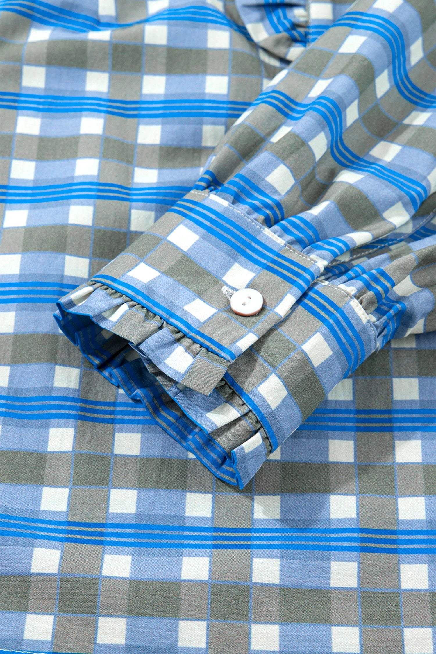 sky blue plaid long sleeve frilled detail half button blouse for women casual everyday outfit