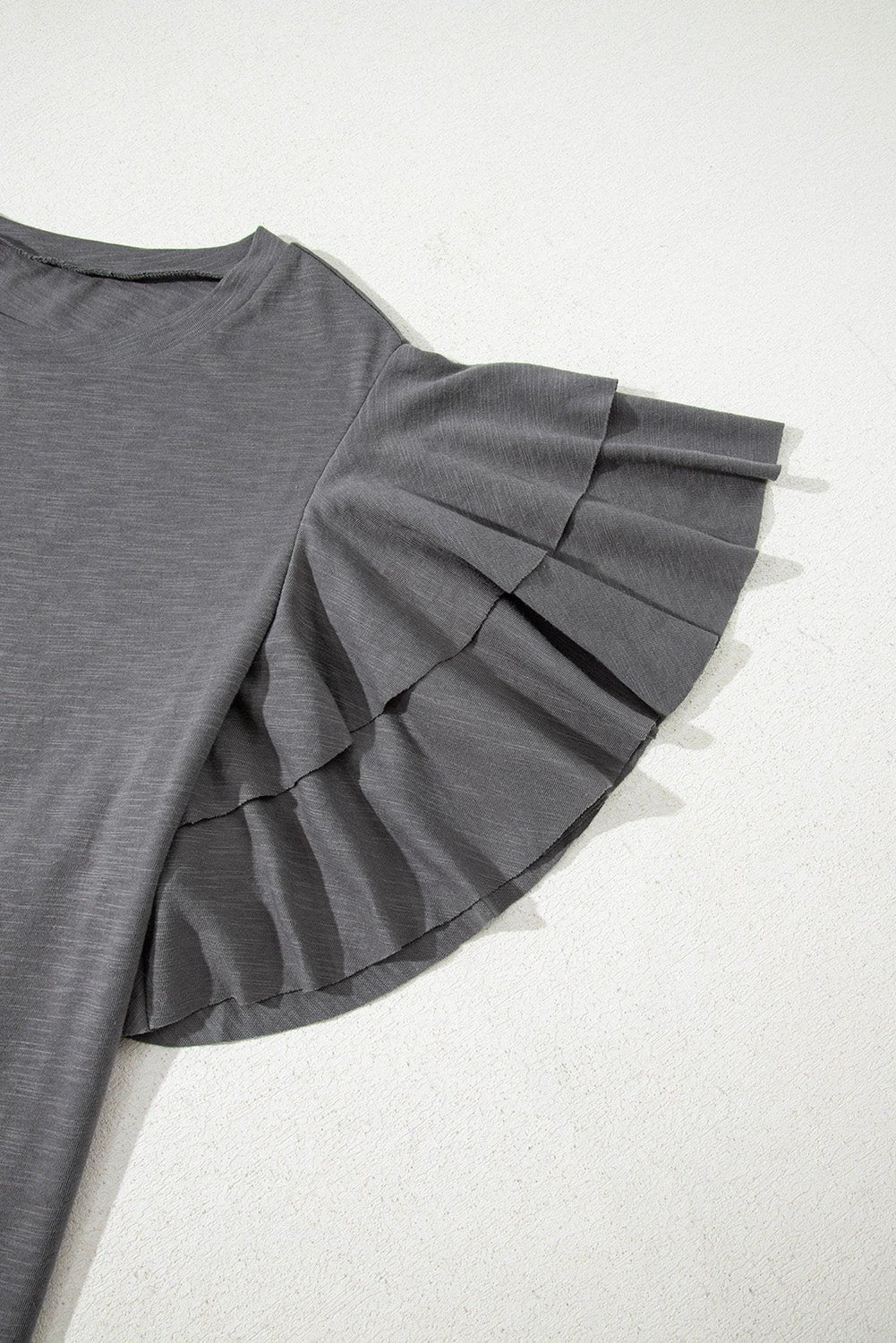 dark grey double ruffled short sleeve plus size top for women casual everyday outfit