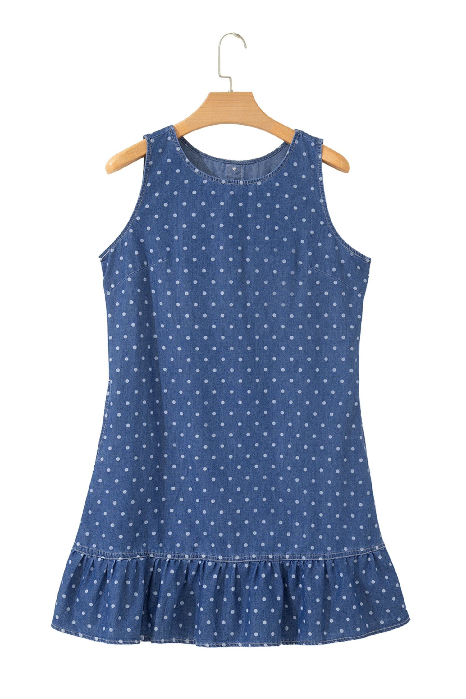 Polka Dot Ruffle Hem Sleeveless Denim Mini Dress — everyday dress for women | J&H Apparel