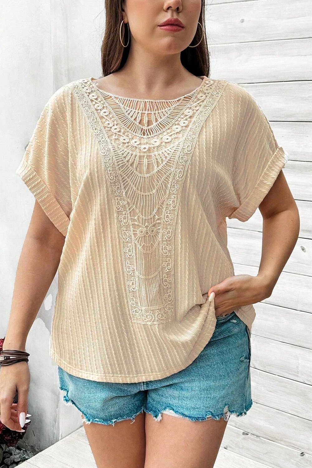 beige lace crochet patched cable textured cuffed short sleeve plus size top for women casual everyday outfit