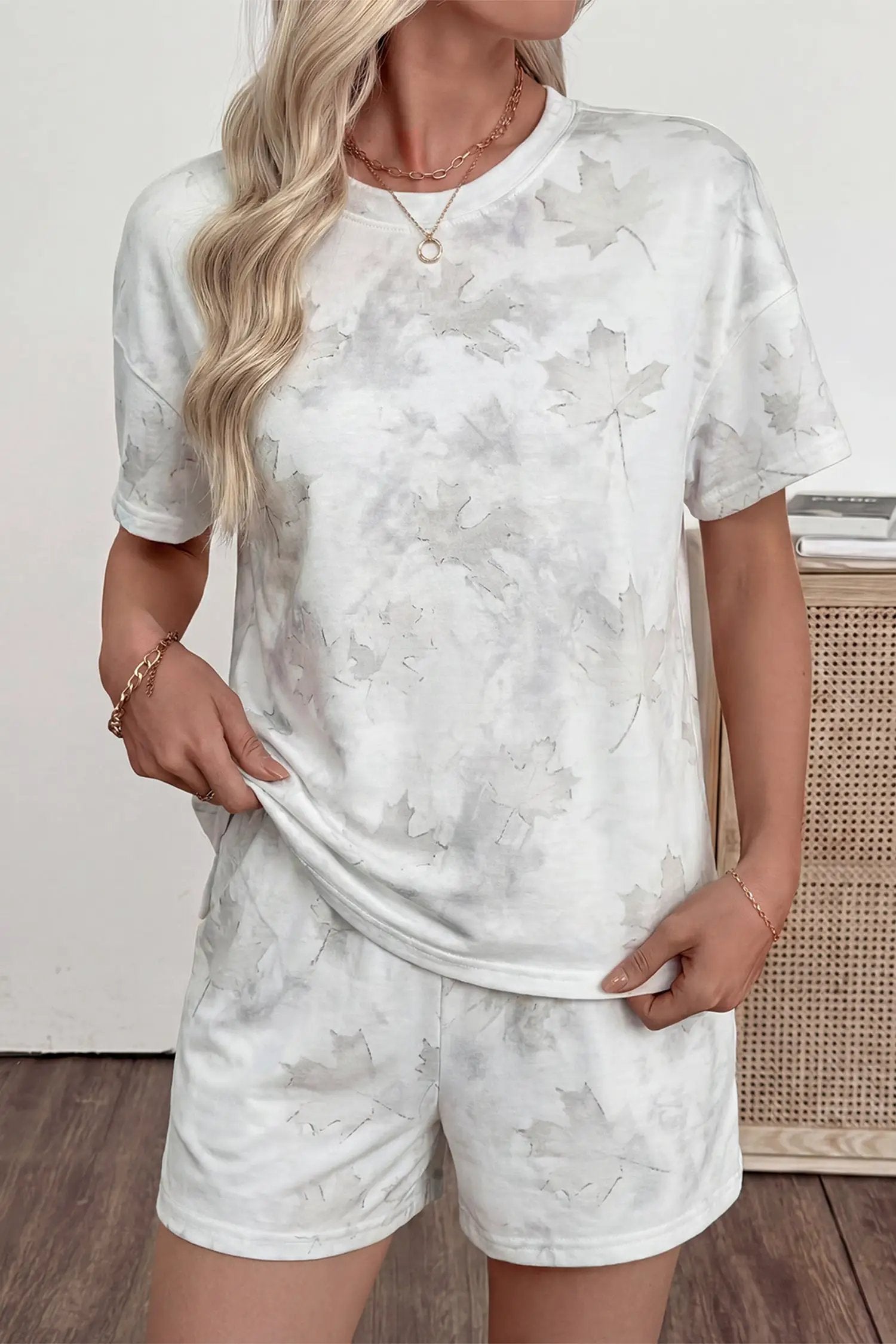 white woodland camouflage casual 2pcs short set for women casual everyday outfit