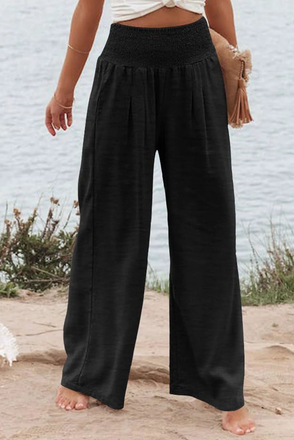 black shirred high waist plus size wide leg pants for women casual everyday outfit